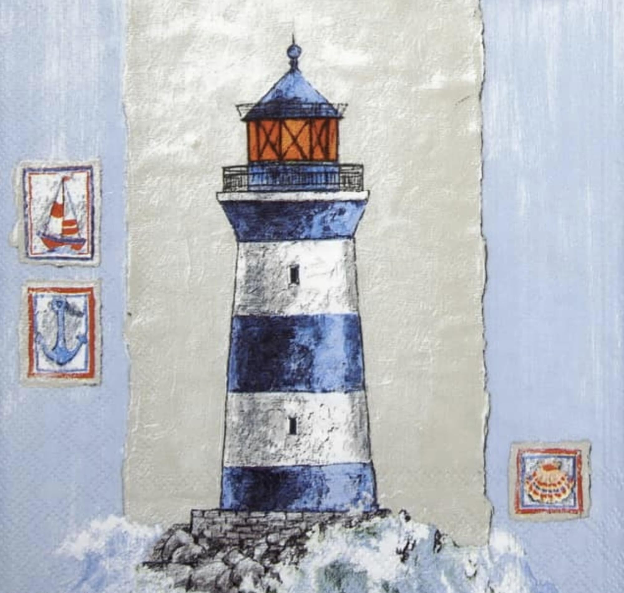 Set of 2 Individual Decoupage Paper Party Napkin Lighthouse Coast Ocean Watercolor Decor Luncheon Napkins for a Birthday Holiday, Wedding, Cocktail Party