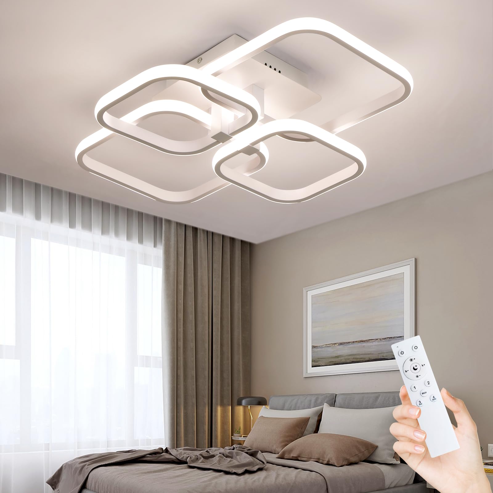 Comely 48W Lámpara de Techo LED, 4 Cuadrado Geometría 5400LM Plafón Moderno | Blanco Luz LED Techo con Mando a Distancia 3000K-6500K para Dormitorio