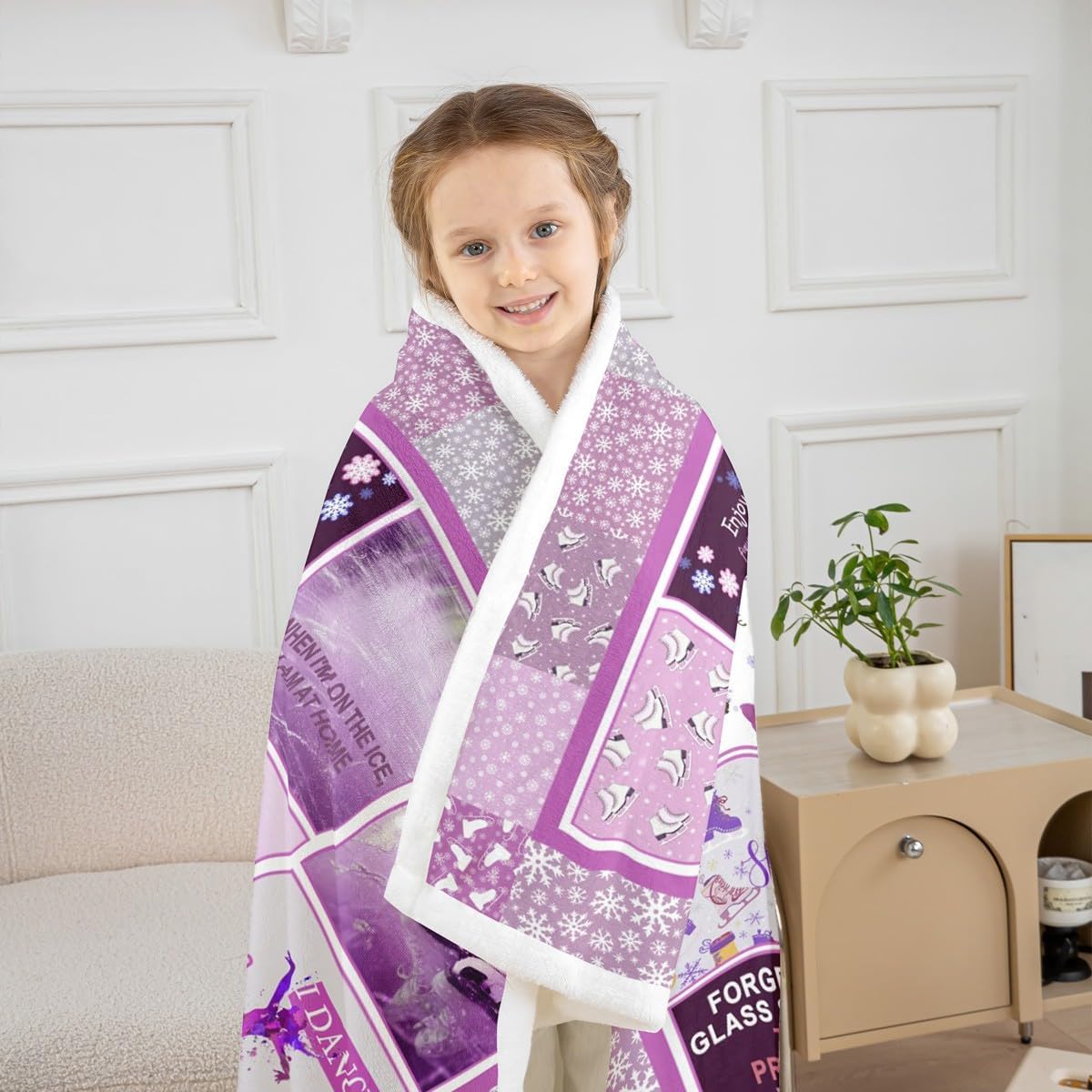 Ice Skating Throw Blanket Girls Pink Grid Bed Blanket for Kids Teens Women Room Decor Winter Skater Pattern Fleece Blanket Speed Sports Gaming Fuzzy Blanket,for Chair/Sofa,50"×60"