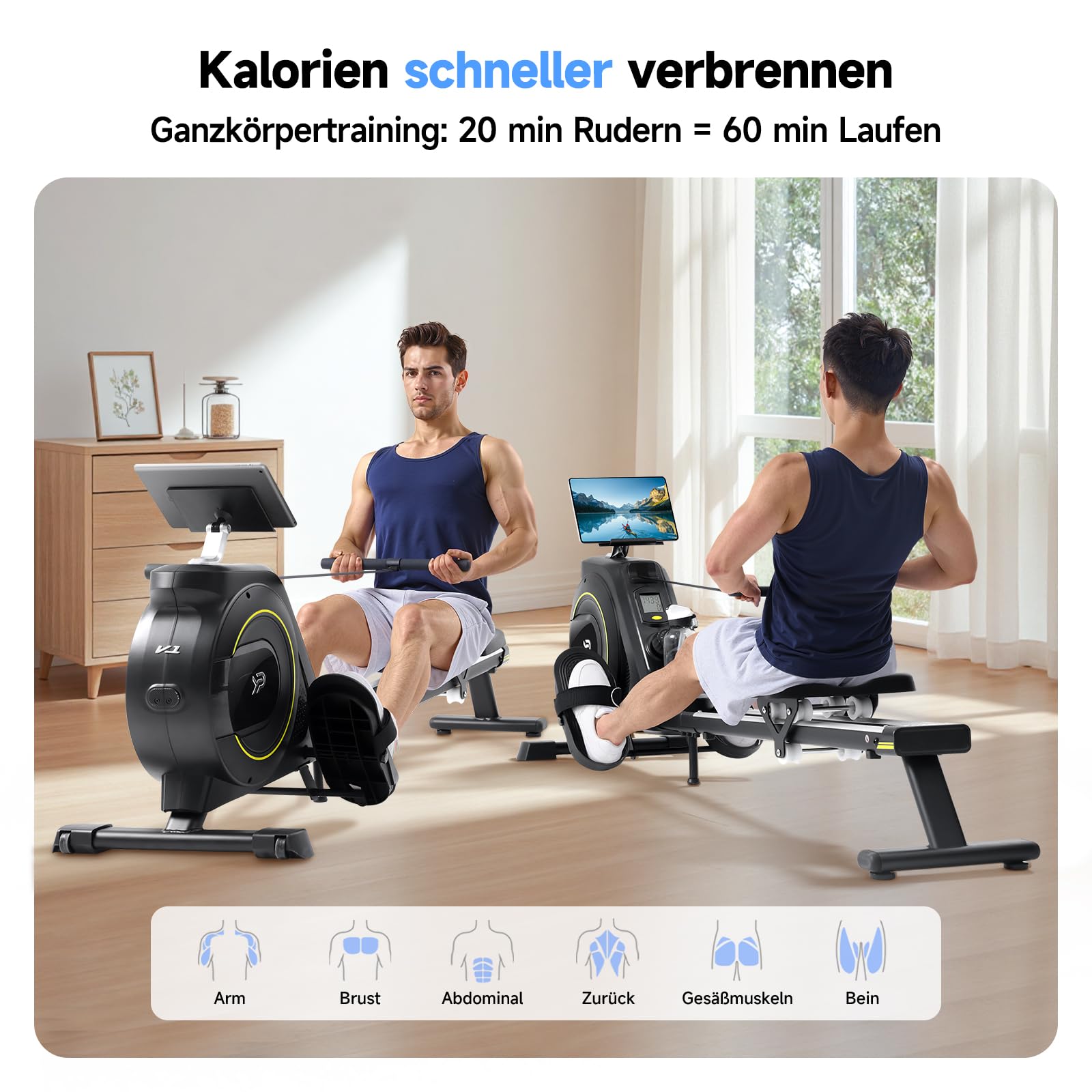YPOO Rudergerät für Zuhause,Leise Rudergeräte Klappbar Magnetische,16 Widerstandsstufen,Upgrade Doppel-Slide-Rails,Rudermaschine LCD-Datenanzeige,Exklusiver APP,Belastbar bis160KG,Vertikal Verstaubar