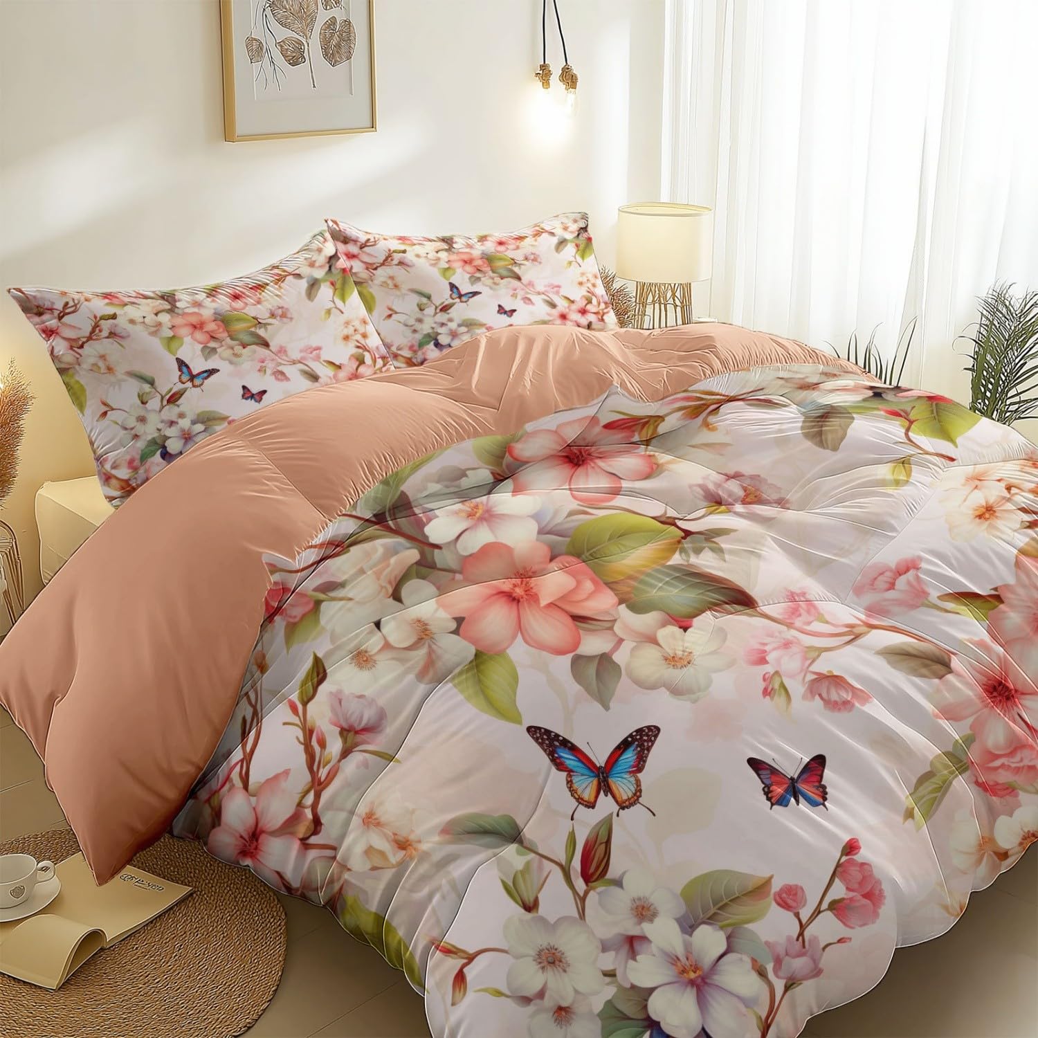 Set copripiumino matrimoniale con stampa retrò con foglie, fiori e farfalle, arancione chiaro, in microfibra spazzolata, ipoallergenico, morbido, reversibile, con 2 federe