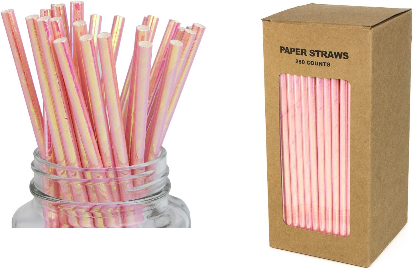 Twinkling Rainbow Pink Foil Paper Straws - Box of 250 Shiny Cake Pop Sticks for Birthday, Wedding, Bachelorette Party DIY