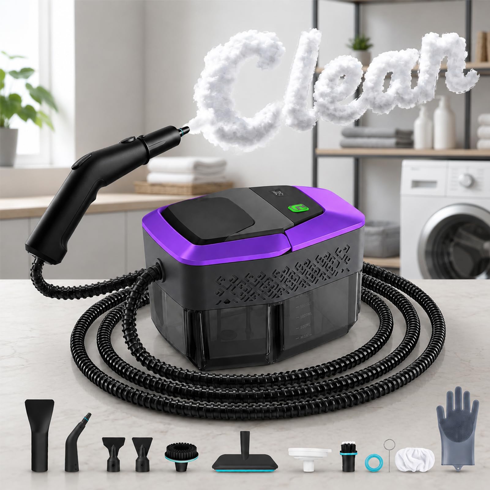 Limpiadora de Vapor 2500W, 4 Bar Maquina de Limpieza a Vapor Calentamiento 10s Depósito 1.8L Cable 5m Vaporeta Multiusos Limpieza Hogar Steam Cleaner para Coche Tapicería Cocina Baño Suelos y Ventanas