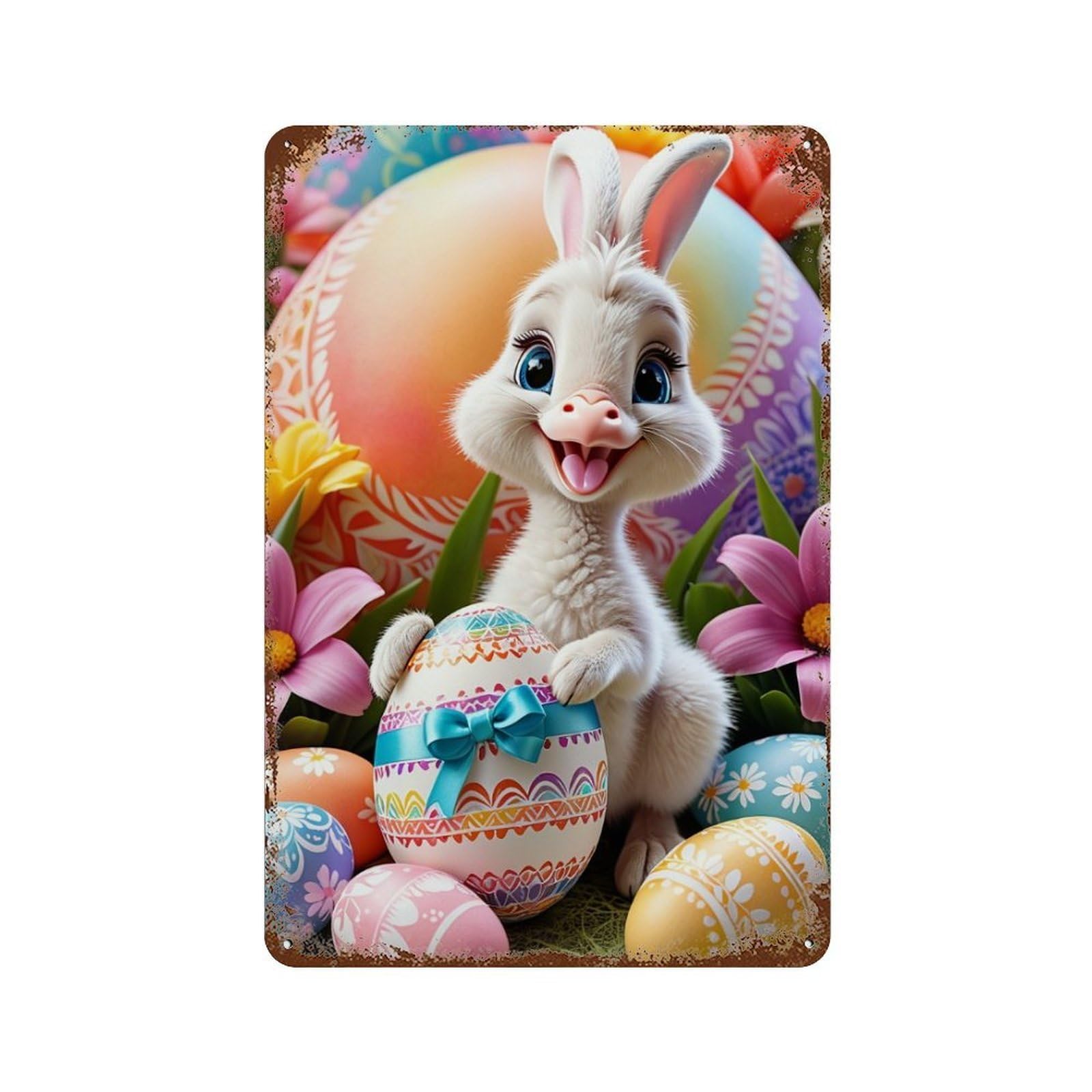 Easter Bunny with Decorated Eggs Rusty Metal Tin Sign 11.8"x7.9", Old School Wall Decor for Garage, Pub Or Kitchen