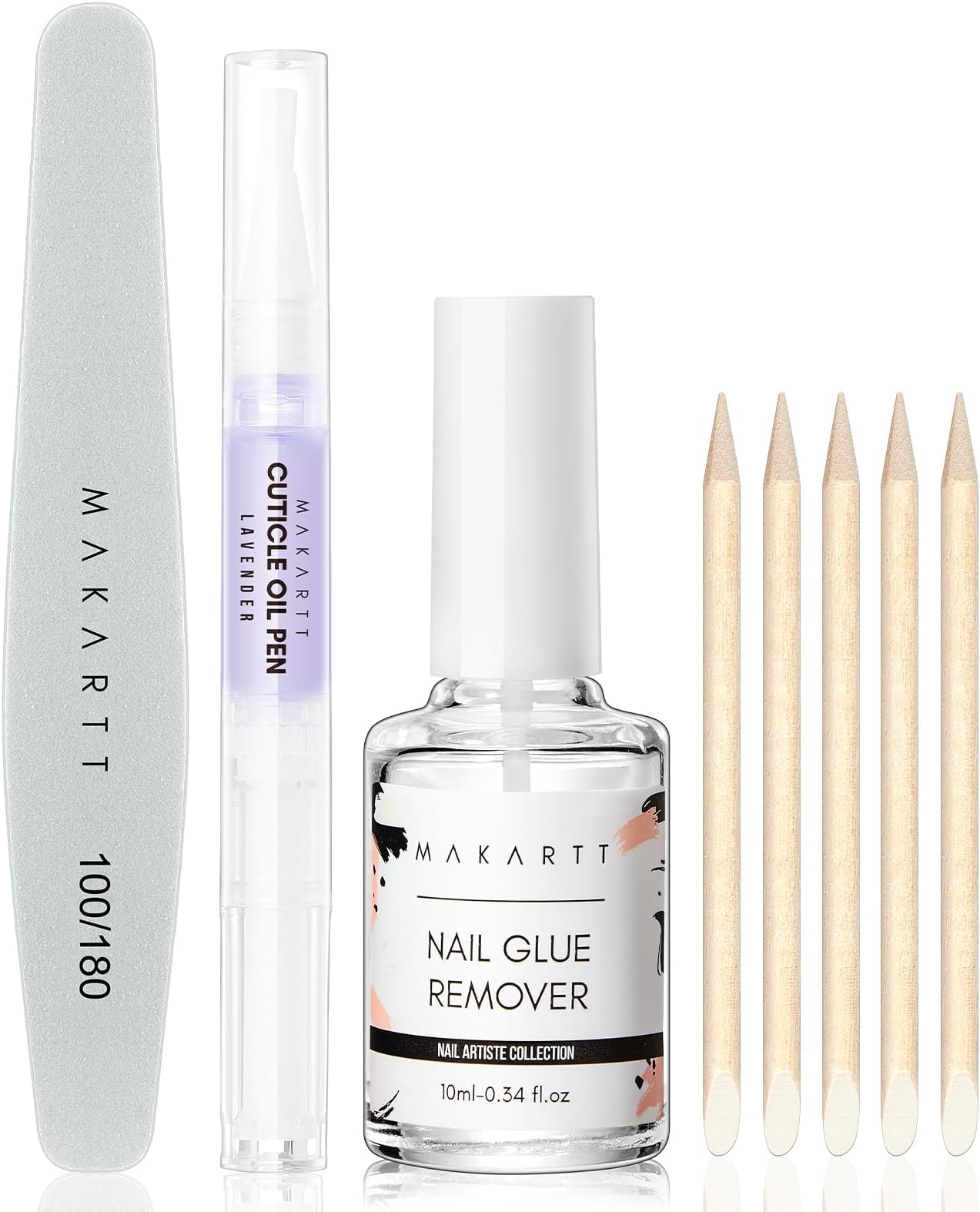 Makartt Nail Glue Remover Kit, for Press on Nails, 10ML Glue Off, 100/180 Grit Nail File Buffer, 5ML Cuticle Oil, All in One Press On Nails Remover and Nail Care Kit