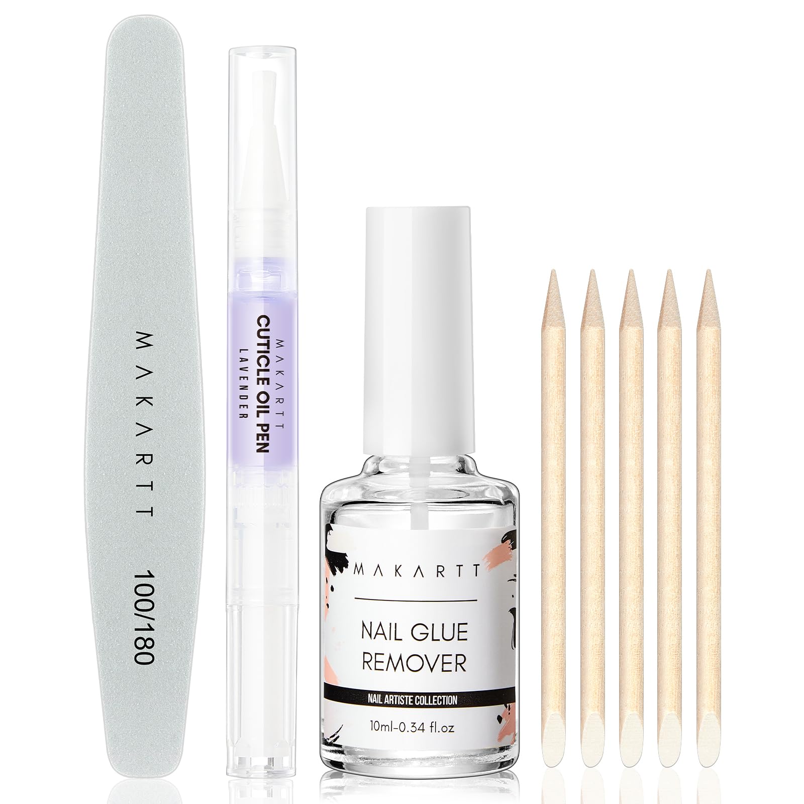 MakarttNail Glue Remover Kit, for Press on Nails, 10ML Glue Off, 100/180 Grit Nail File Buffer, 5ML Cuticle Oil, All in One Press On Nails Remover and Nail Care Kit
