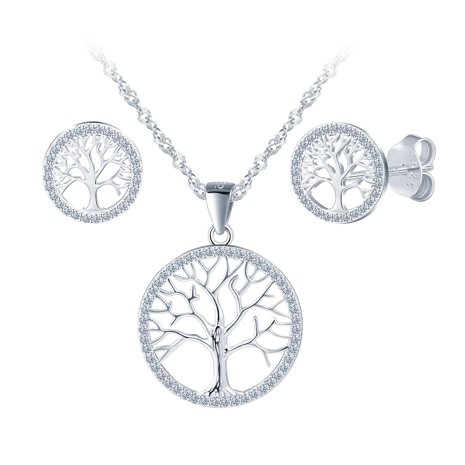 Yumilok Árbol de la vida collar Mujeres 925 plata esterlina Zirconia Árbol de la vida Stud Pendientes Piercing Huggie oído Conjunto de joyería
