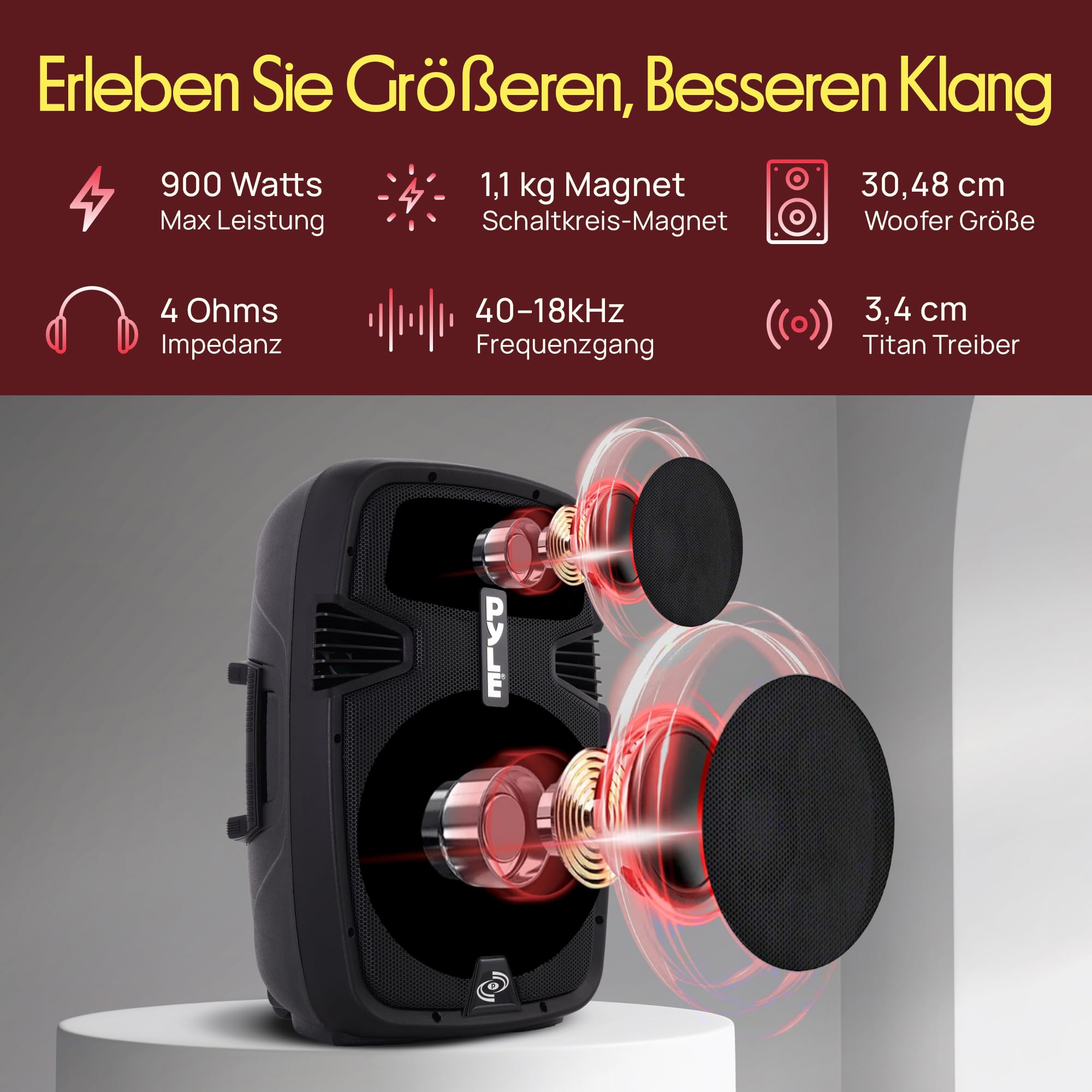 Pyle PA Lautsprecher 900W Bluetooth Partylautsprecher Tragbar USB SD AUX FM Schwarz