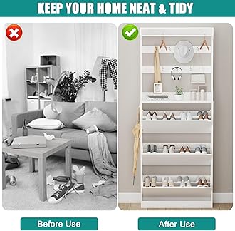 Shoe Cabinet for Entryway with 3 Flip Drawers, White Tall Wood Shoe Storage Cabinet with Coat Rack, Narrow Hidden Slim Freestanding Shoe Rack Organizer, 2 in 1 Hall Tree for Living Room, Hallway