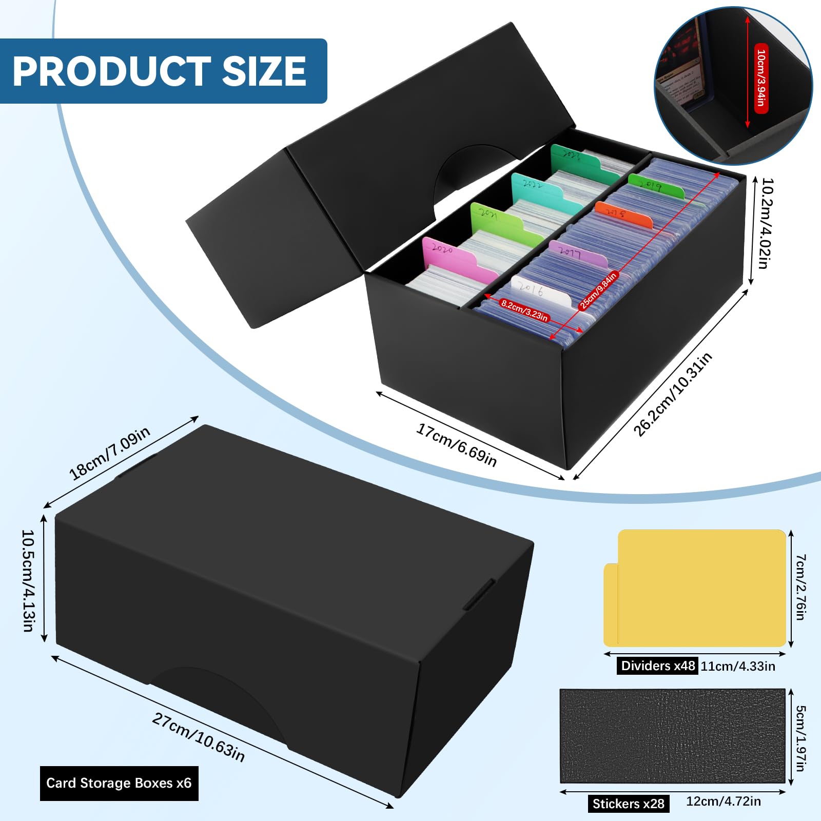 HIMOMO 6 Pack Trading Card Storage Box, 1600 Count Cardboard Storage Box with 48 Cards Dividers, Bulk Card Storage Boxes Sports Storage Cases Trading Cards Box for Basketball Sports Collector