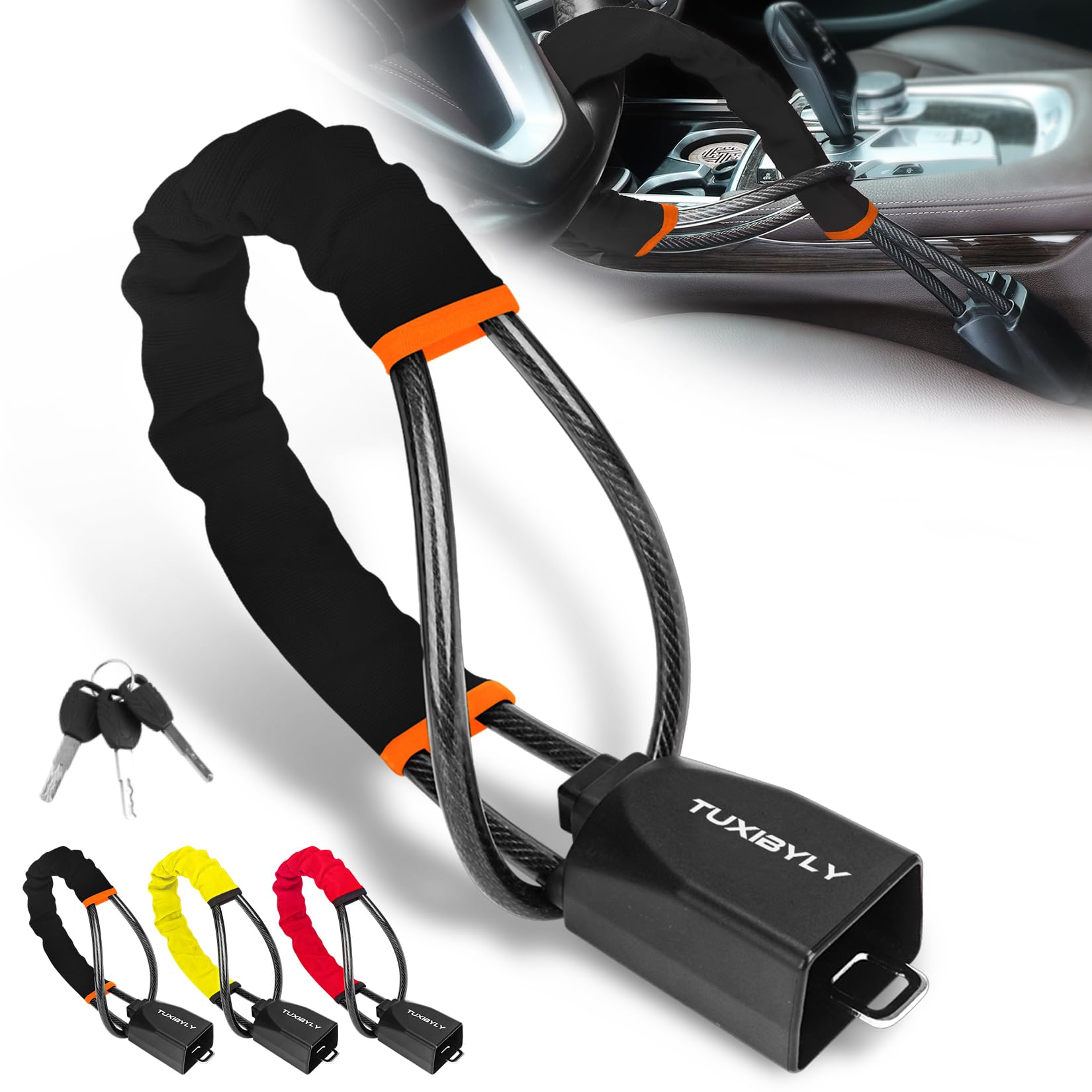 Steering Wheel Lock Seat Belt Lock Anti Theft Car Device Car Lock with 3 Keys for Car Security Fit Car Truck SUV Van Golf Cart Max 17in Locking Length (Black)