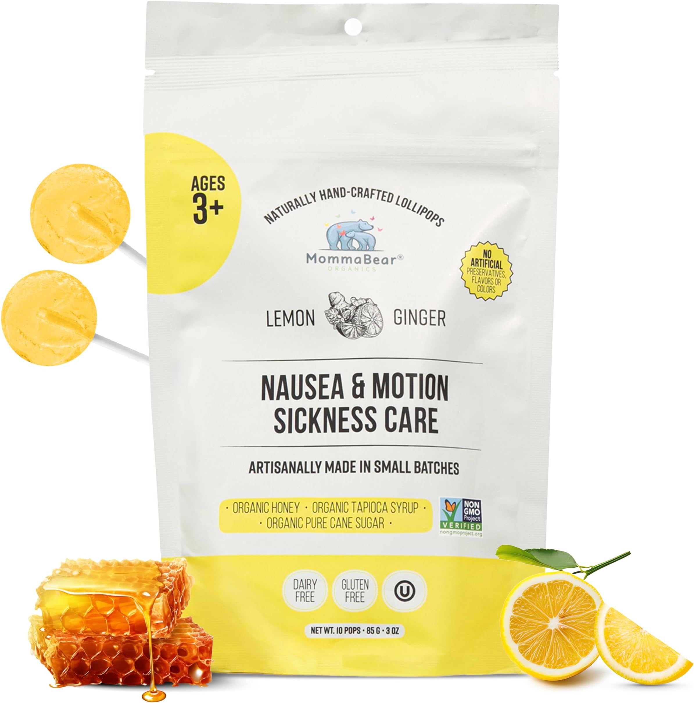 MommaBear Nausea & Motion Sickness Lollipops – Non-GMO Lemon & Ginger Candy for Nausea – Organic Lollipops for Kids 3+ & Pregnancy Must Haves to Ease Queasiness – Freshness, Sealed in (10 Pack)