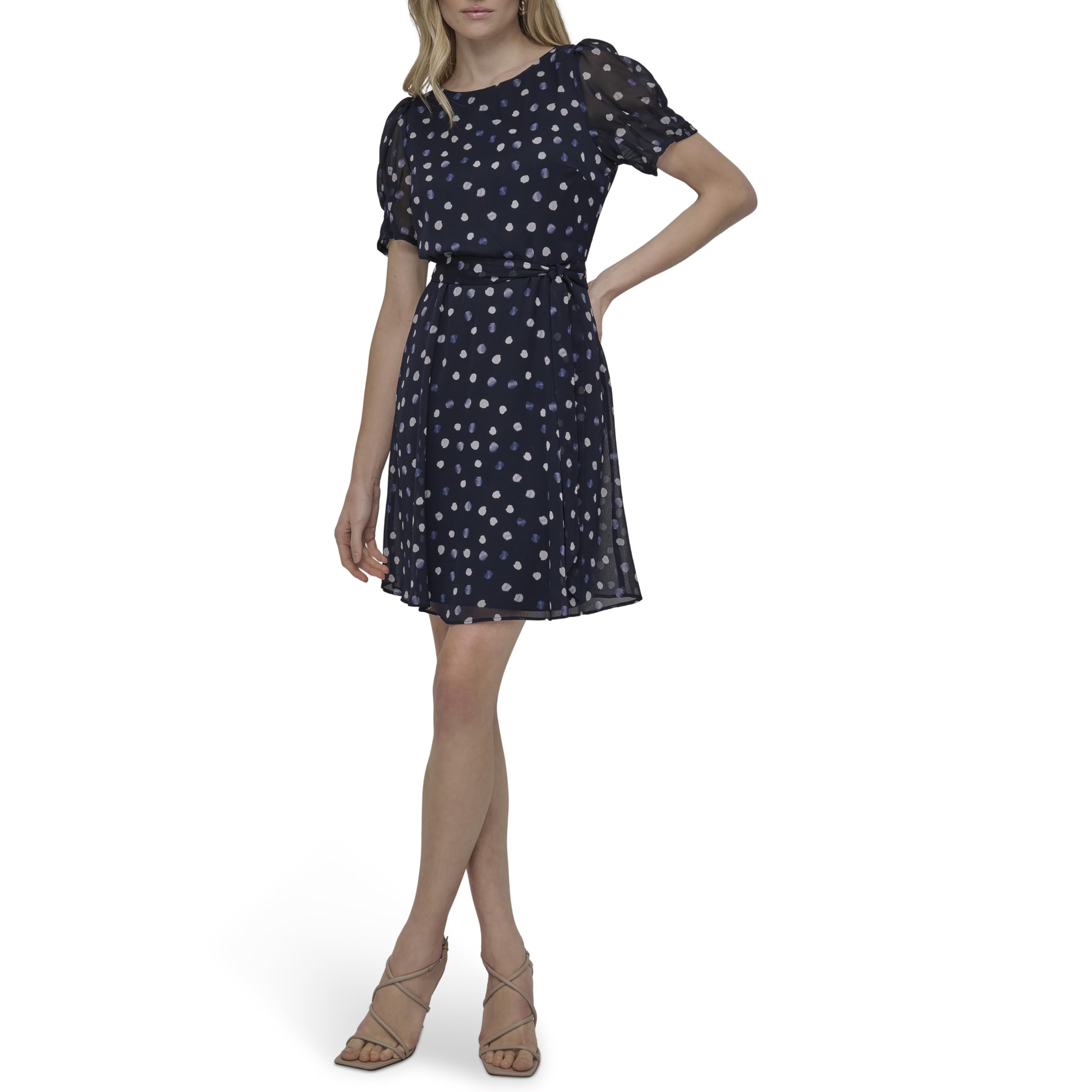 DKNY Women's Short Sleeve Puff Sleeve Tie Waist Dress