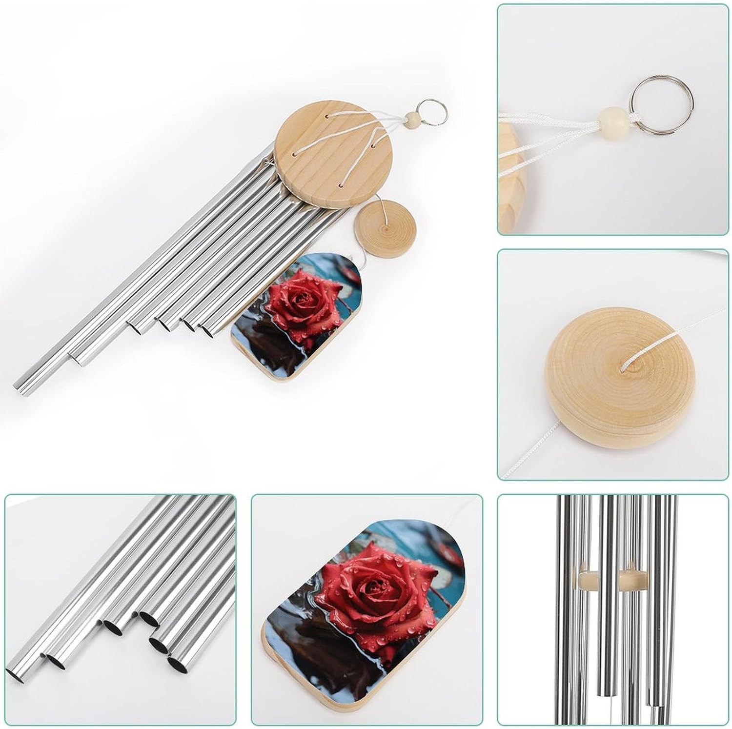 Outdoor Wind Chimes, Red Rose in Water Printed Wind Chimes,Simple Wind Chimes,Curtain Wind Chimes for Home Decoration