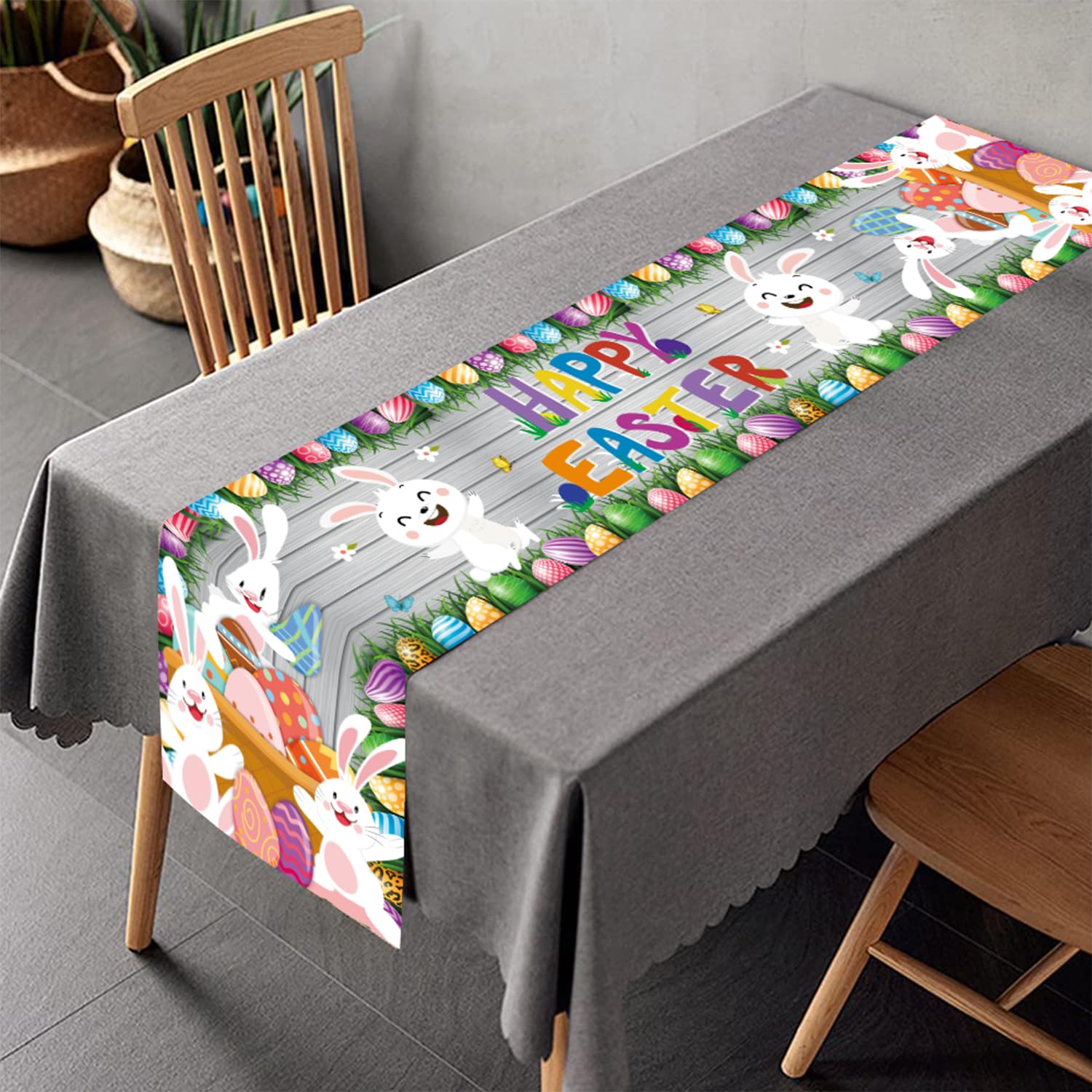 Happy Easter Table Runner Bunny Rabbit Easter Egg Tablecloth Table Cover Decor for Home Room Kitchen Dinning Table Decoration 180x35cm
