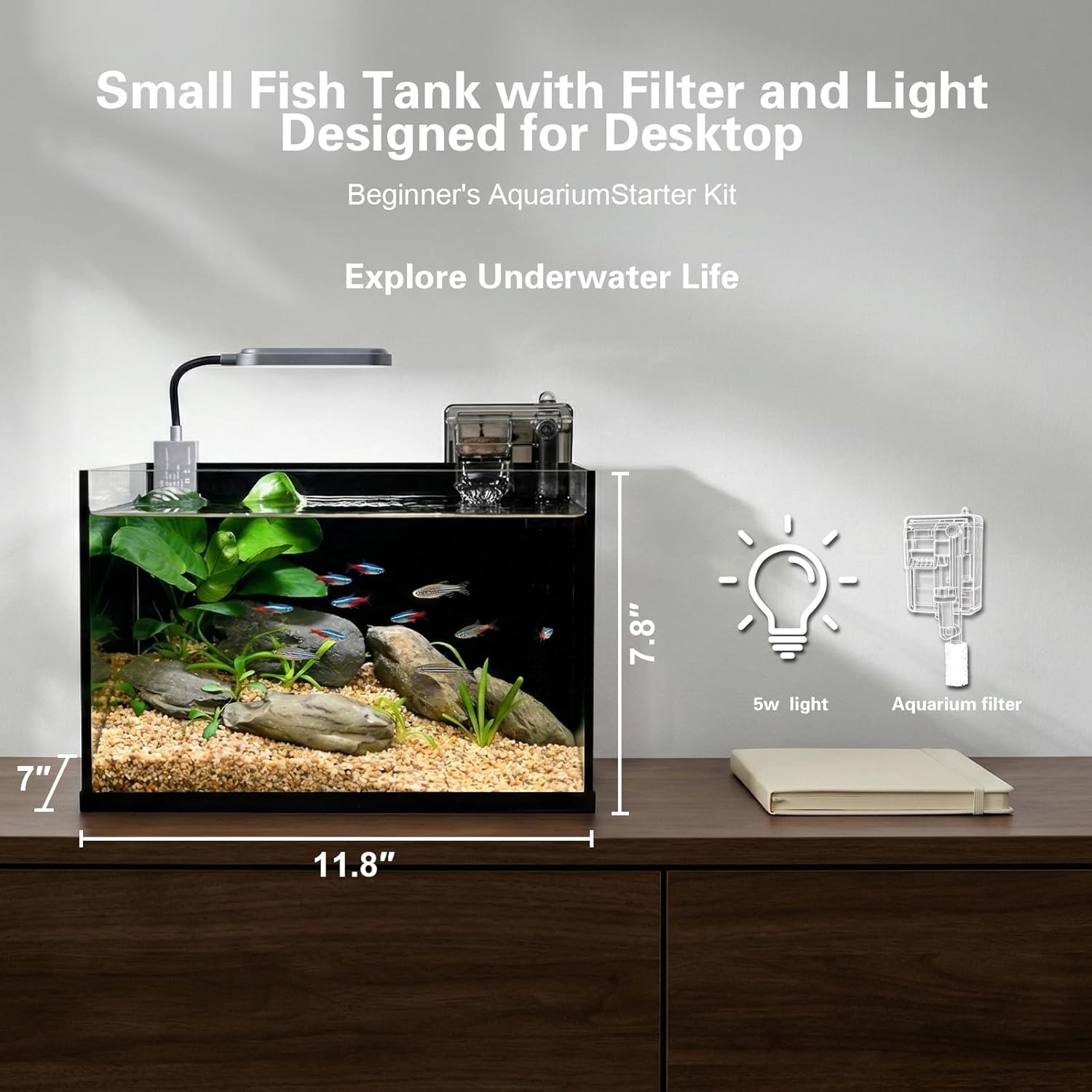 2.8 Gallon Nano Natural Aquarium Kit, Clear Glass Small Fish Tank with Light and Filter, Suitable for Small Fish, Shrimp, or Betta Fish Tank, Black