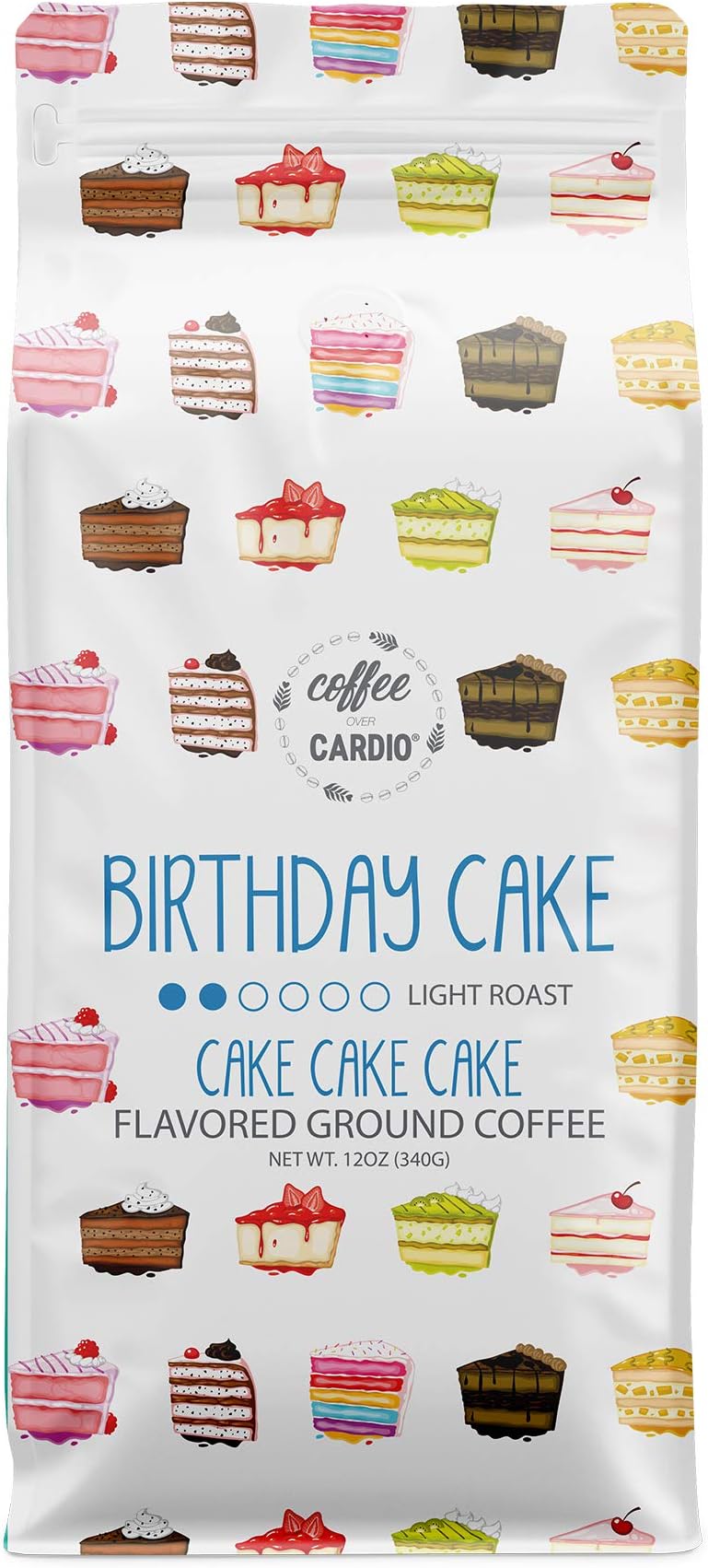 Coffee Over Cardio Birthday Cake Flavored Ground Coffee, High-Grade Aribian Light Roast Coffee Grounds (12 oz)