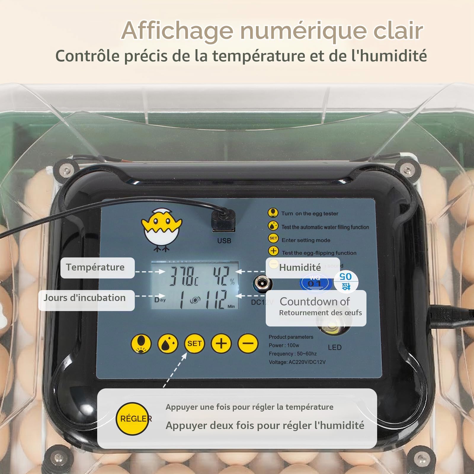 Todeco Incubateur Automatique 53 Œufs, Température & Humidité Réglables