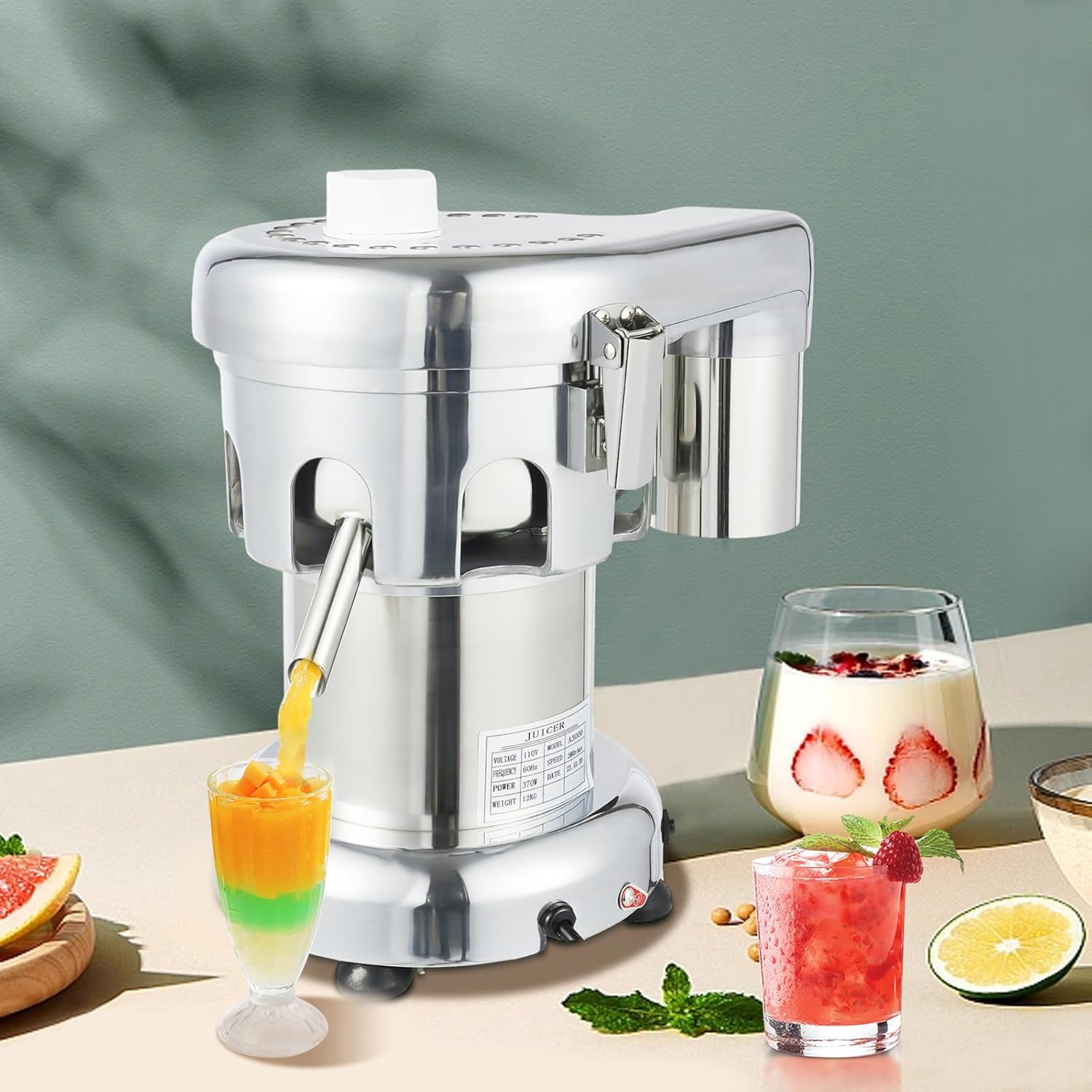 Commercial Juice Extractor, 110V 370W Electric Centrifugal Juicer Machine, Low Noise Stainless Steel Juicer, Juice and Residue Separated Machine for Family, Hotel, Restaurant, Milk Tea Shop