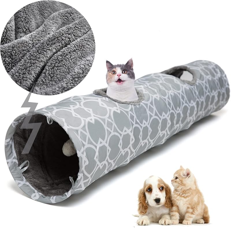 Túnel Reto Geométrico para Gatos com Interior de Pelúcia LUCKITTY, Dobrável e com Bolinhas, 120 cm x 25 cm
