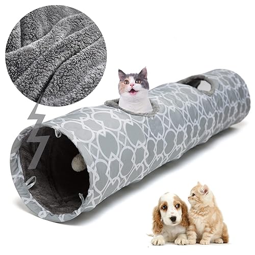 LUCKITTY Geometric Straight Cat Tunnel with Plush Inside,Cats Toys Collapsible Tunnel Tube with Balls, for Rabbits, Kittens, Ferrets,Puppy, Diameter 9.8 Inch - L
