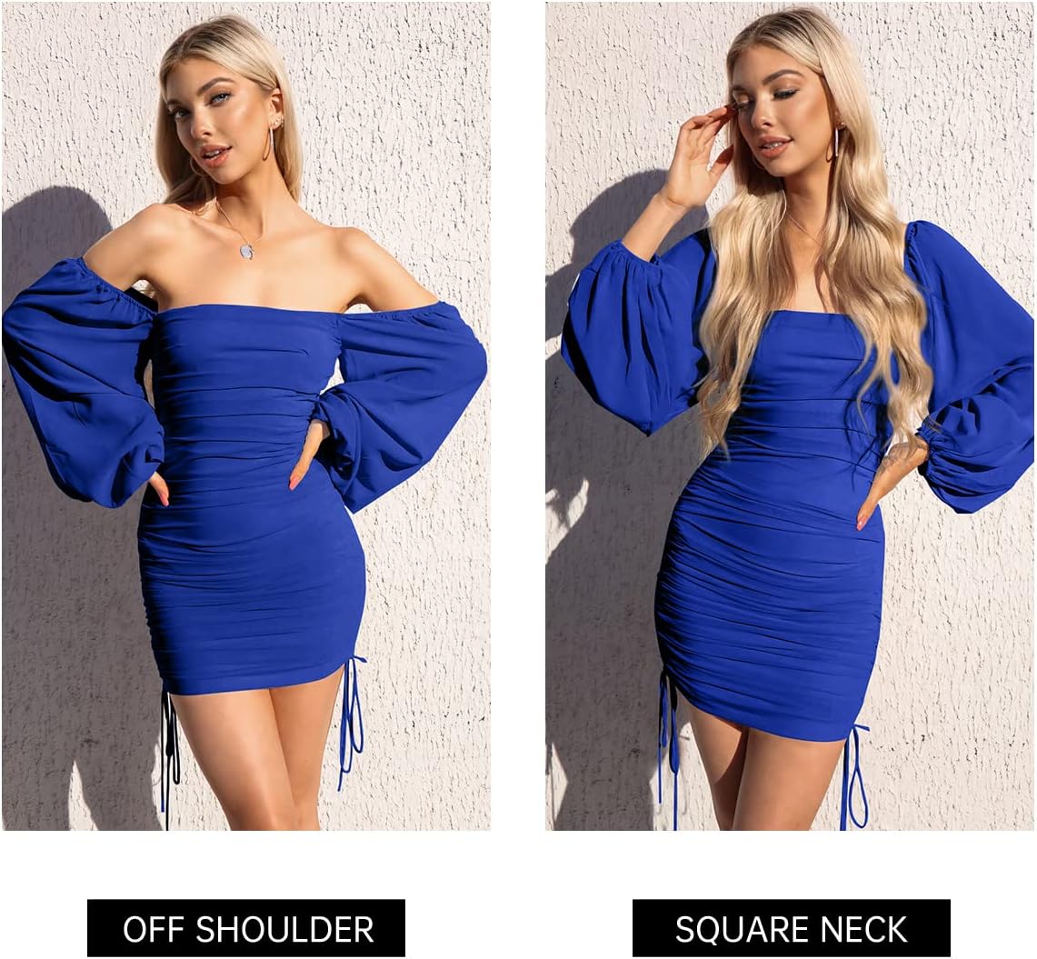 Imysty Womens Mesh Long Sleeve Square Neck Bodycon Ruched Party Cocktail Drawstring Mini Dress - Image 4