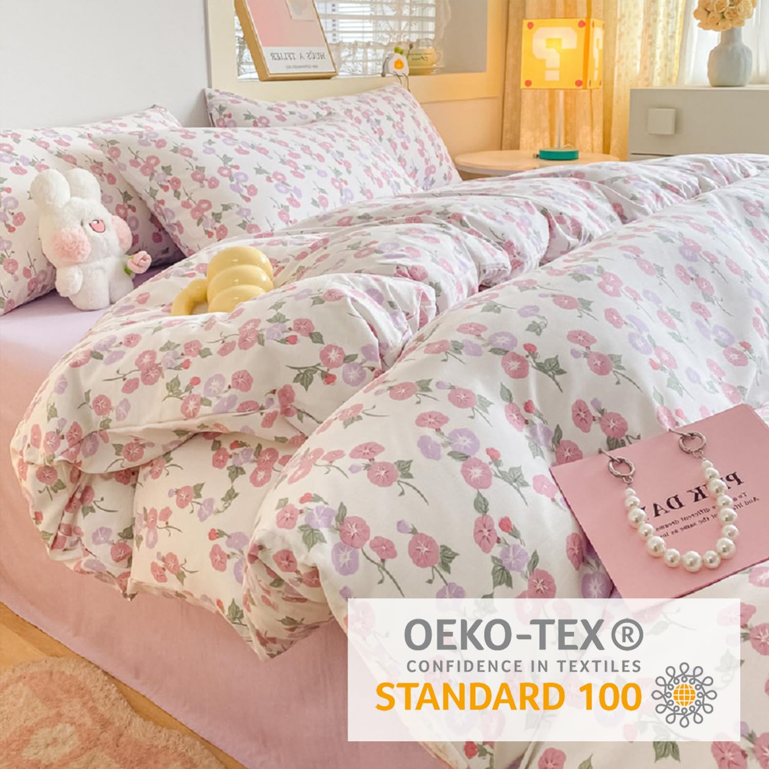 Freyamy Housse De Couette 220x240cm+2 Taie D'oreiller 65x65cm Plaid Noeud Papillon Blanc Rose Parure De Lit 2 Personnes Adulte Sets De Housse Couette En Microfibre Avec Fermeture Éclair