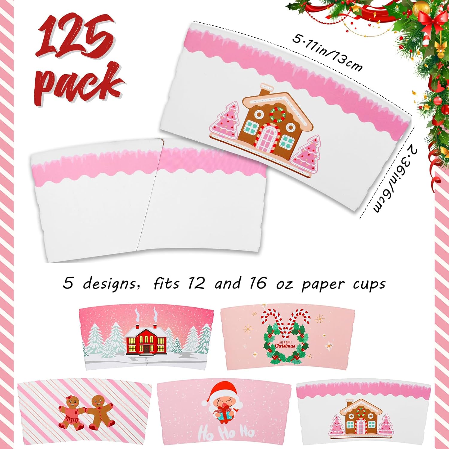Remerry 125 Pack Winter Christmas Disposable Coffee Cup Paper Sleeves Xmas Santa Holiday Tea Hot Chocolate Cocoa Sleeves for 12oz 16oz Cups (Pink)