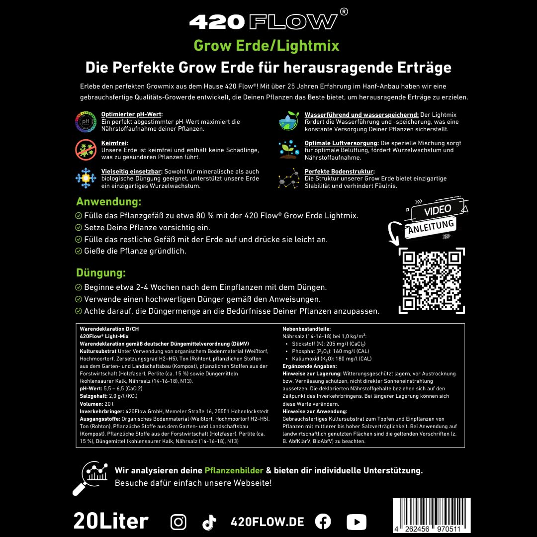 Grow Erde Lightmix – Perfekte Erde für gesundes Pflanzenwachstum, keimfrei, optimierter pH-Wert, fördert Wurzelbildung, vegan, gebrauchsfertig mit Perlite (2X 20 Liter (40 Liter))
