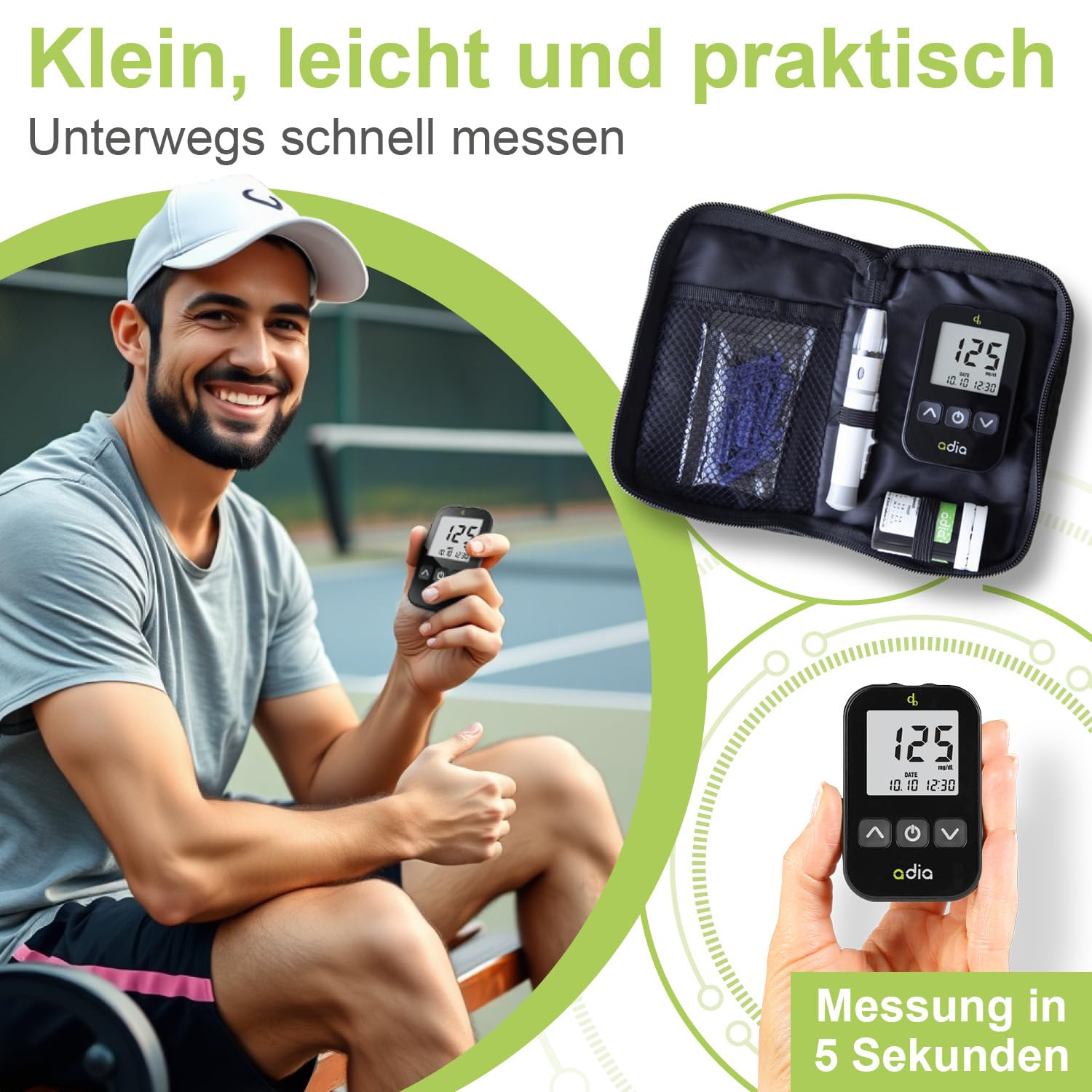 adia Blutzuckermessgerät Sparset inkl. 60 Teststreifen, 10 Lanzetten, 1 Stechhilfe. 1 Etui (mg/dL - Standard-Maßeinheit)