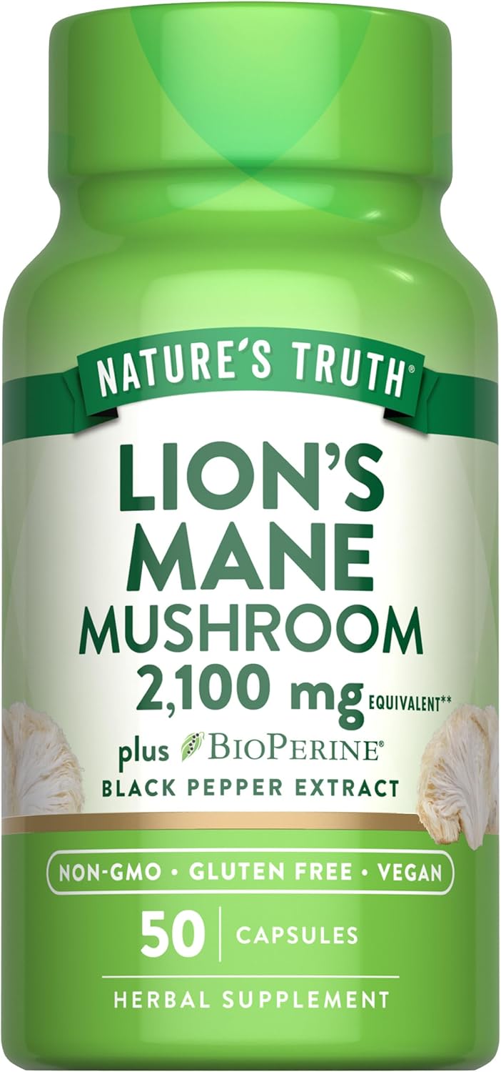 Nature's Truth Lions Mane Supplement Capsules | 2100mg | 50 Count | with BioPerine | Vegan, Non GMO & Gluten Free Extract Formula - Image 1 of 7