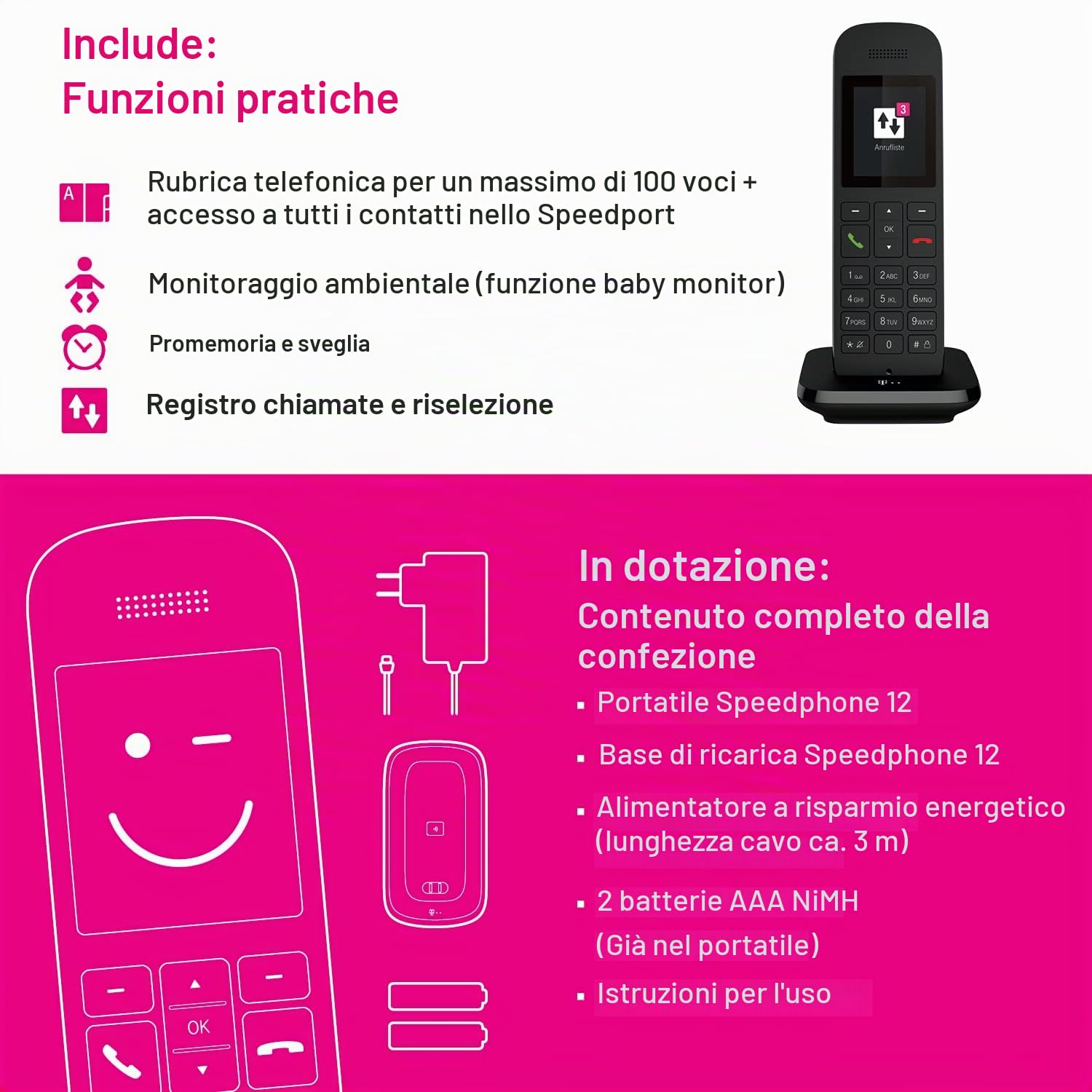 Telekom Speedphone 12 Nero, 19,99 x 7,01 x 11 cm; 390 grammi