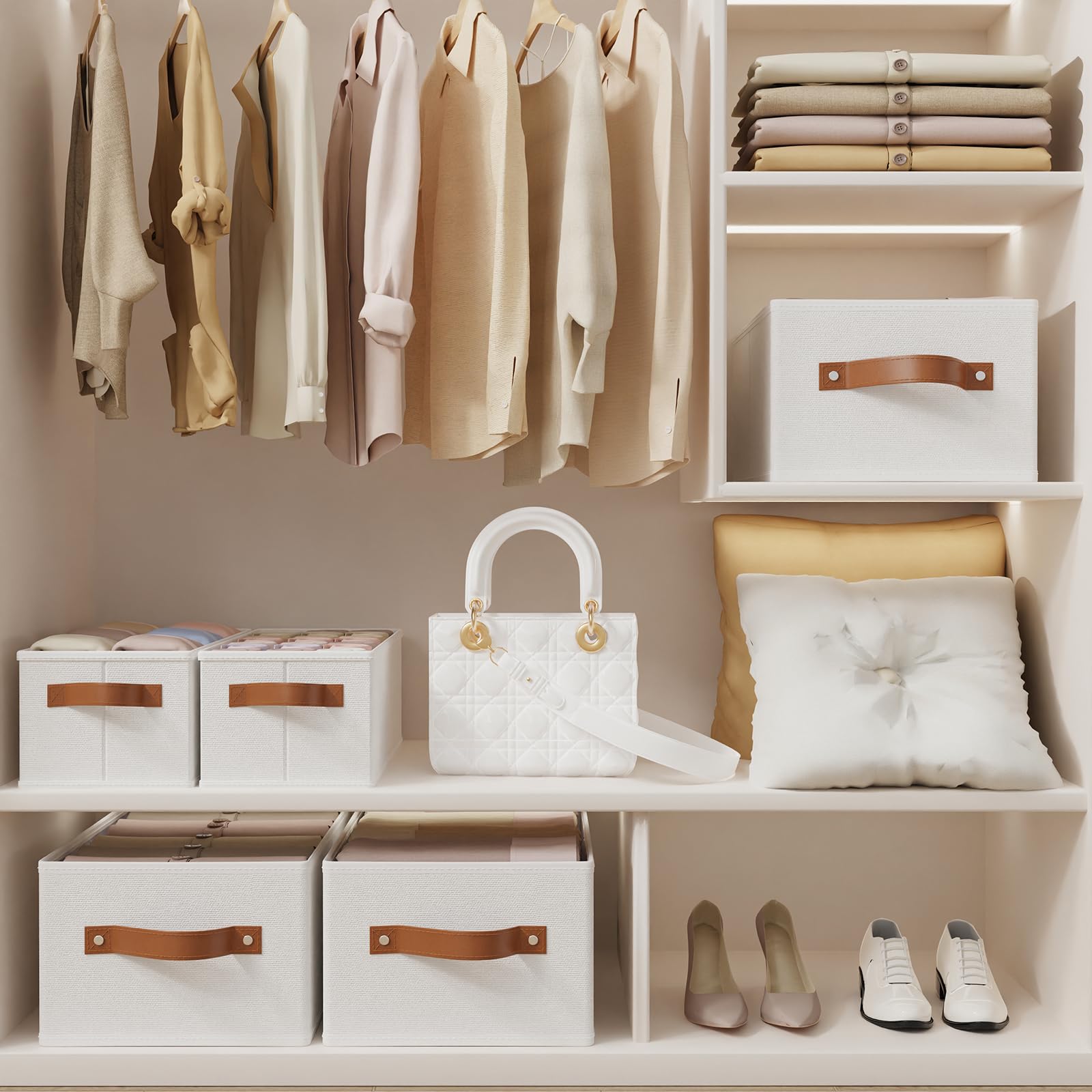 OUTBROS 6 Stück Aufbewahrungskörbe, 38x15.5x13cm Faltboxen, Beige | Aufbewahrungsbox Stoff, Boxen Aufbewahrung mit Griff Ordnungsboxen, Kleiderschrank organizer, Schubladen
