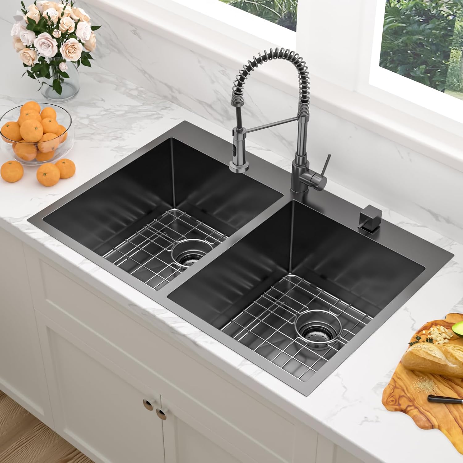Sarlai 33 Black Drop In Kitchen Sink - 33x22 Inch Kitchen Sink Topmount Double Bowl 50/50 Gunmetal Black Stainless Steel 16 Gauge Two Basin