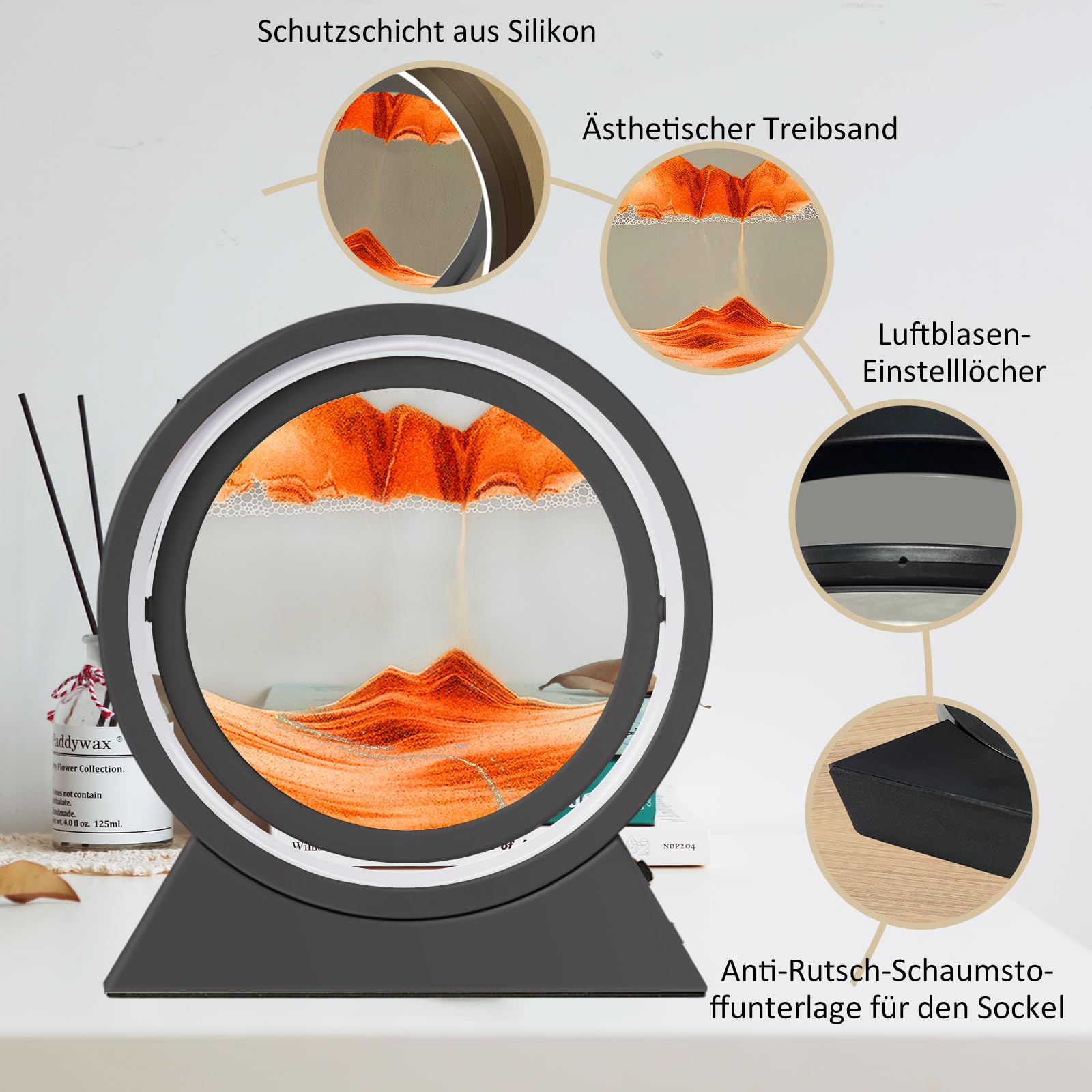 Ulikey Sandbilder Zum Drehen, 3D Dynamische Sandbild mit Led Licht, 10 Zoll Bewegende Sandkunst, Fließende Sandkunst für Erwachsenes Kinder, Bewegliches Sandkunstbild Landschaft (Schwarz und gelb)
