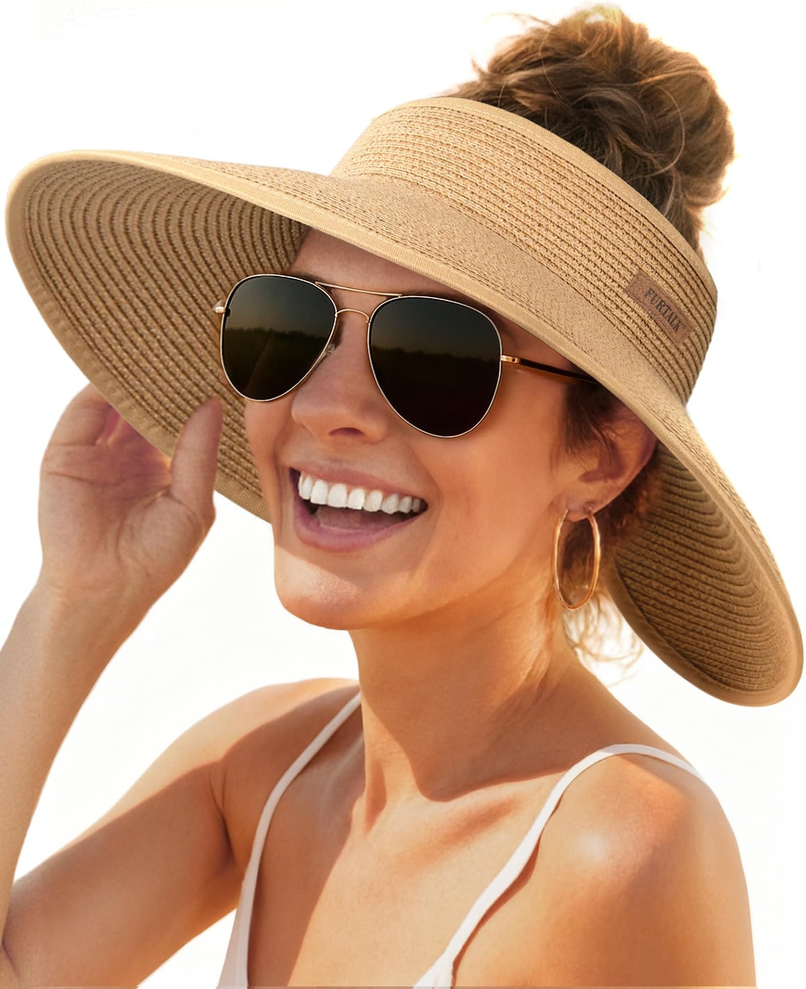Roll Up Sun Visor Wide Brim Straw Hats for Women Ponytail Summer Beach Hat UV UPF 50 Travel Foldable Packable FURTALK (One Size, Pure Khaki)
