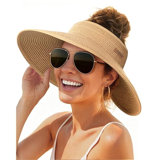 FURTALK Sun Visor Hats for Women Wide Brim Straw Roll-Up Ponytail Summer Beach Hat UV UPF Packable Foldable Travel Khaki