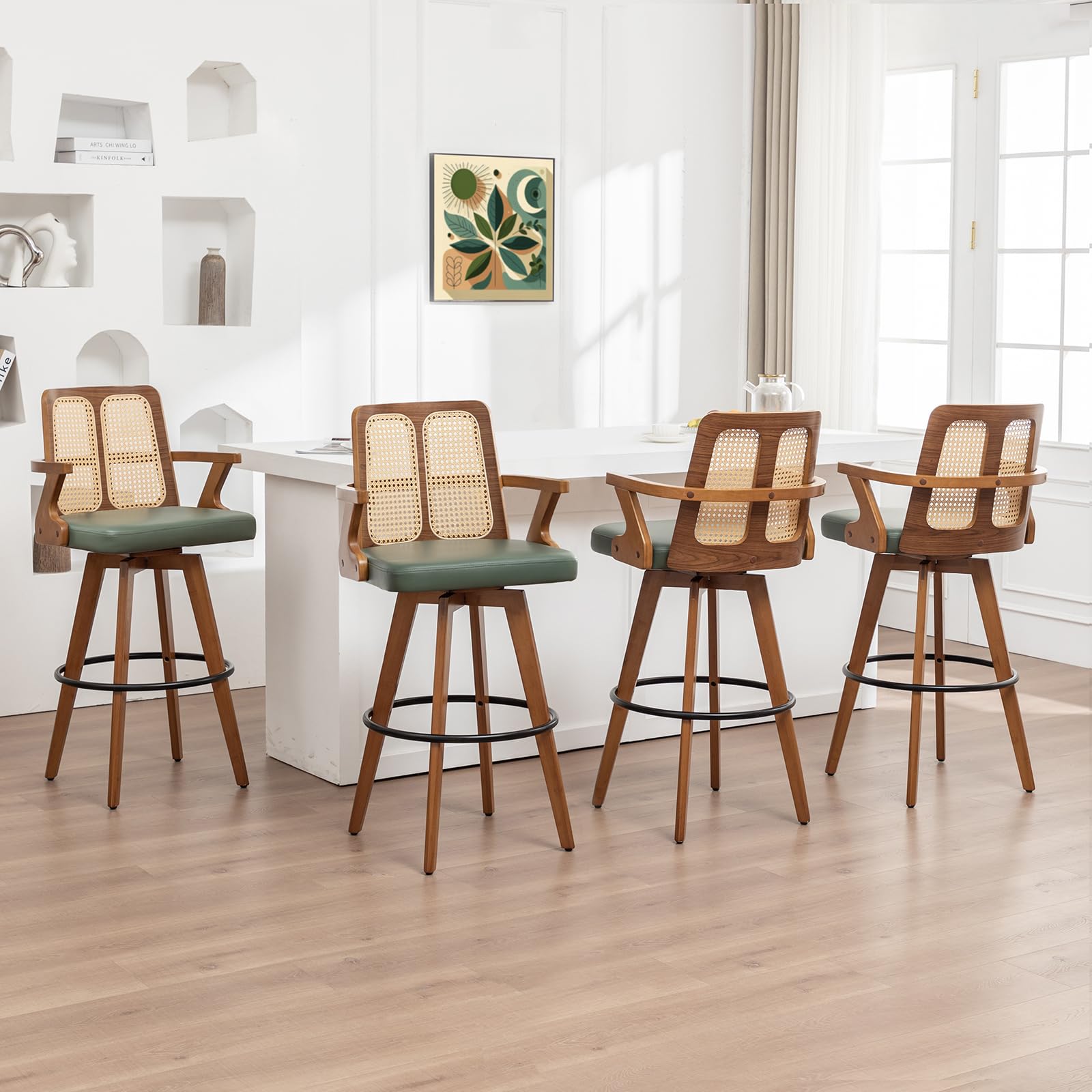 Swivel Bar Stools Set of 4 - 30 inch Mid Century BarStools with Curved Backs and Arms, Walnut Bentwood, Faux Leather Upholstered Seat, Rattan Bar Stools for Kitchen/Island (30" Seat Height, Green)