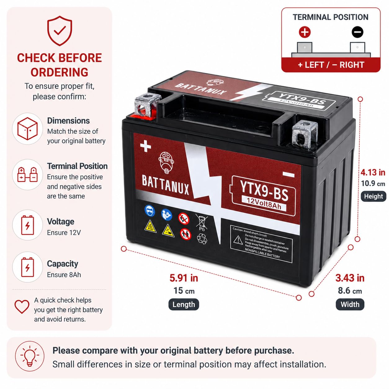 Batteria Moto Battanux YTX9-BS 12V 8Ah AGM – Alta Capacità, Senza Manutenzione, Antiperdite, Pronta all’Uso per Moto, ATV e UTV
