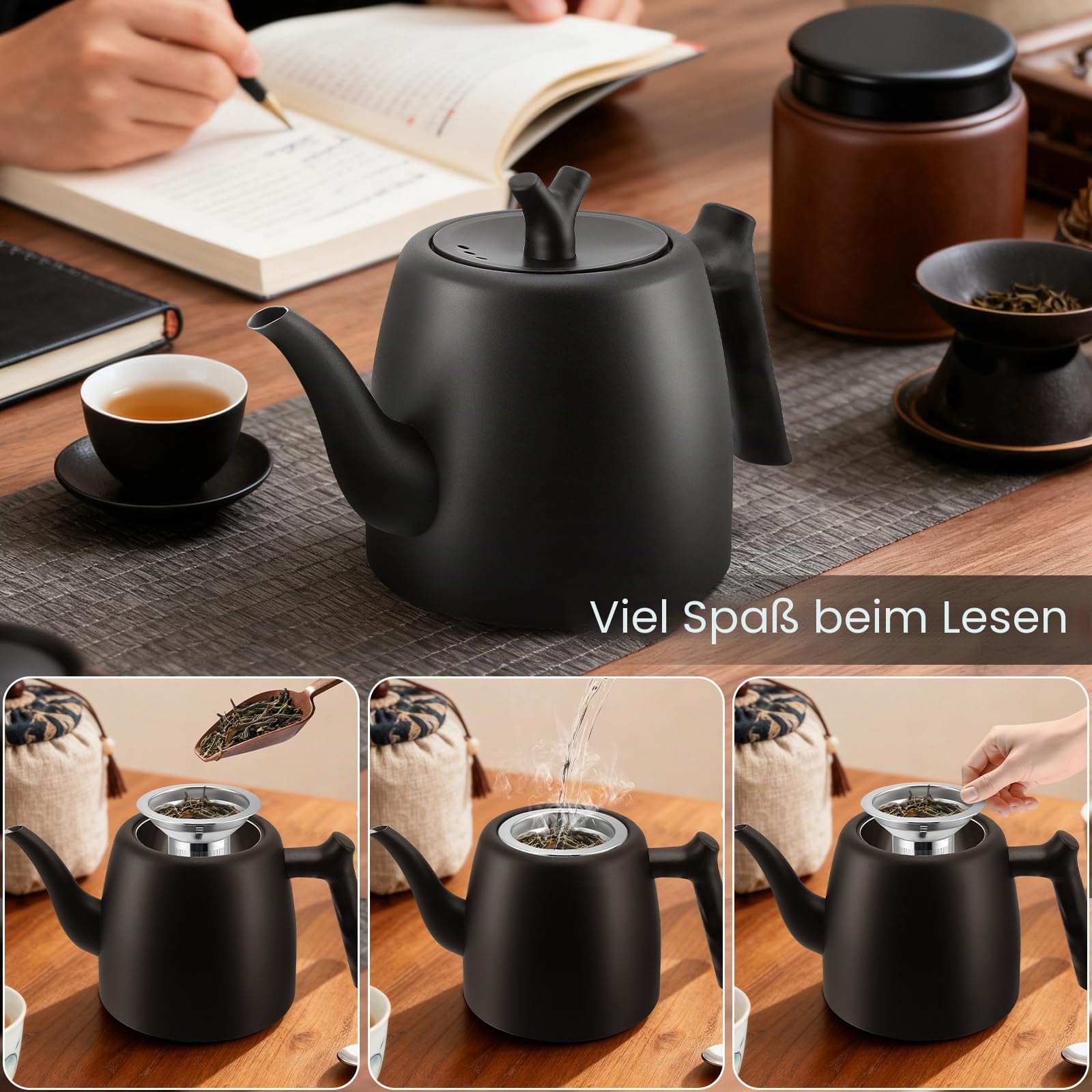 Teekanne Schwarz, 2L Große Tee Kanne mit Teesieb,Teapot Thermo 10-12 Tassen Doppelwandig Tea Maker aus Edelstahl für Losen Tee Ingwer & Kräutermischungen