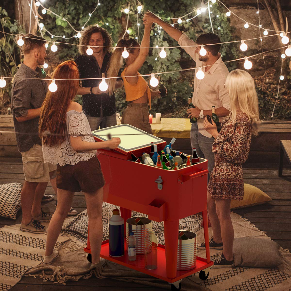 COSTWAY 76L Carrito Nevera con Ruedas, Carro de Bebidas Refrigerado Portátil con Abrebotellas, Estante y 2 Compartimentos, hasta 72 Horas, 40 x 79 x 87 cm, para Patio Fiesta Terraza