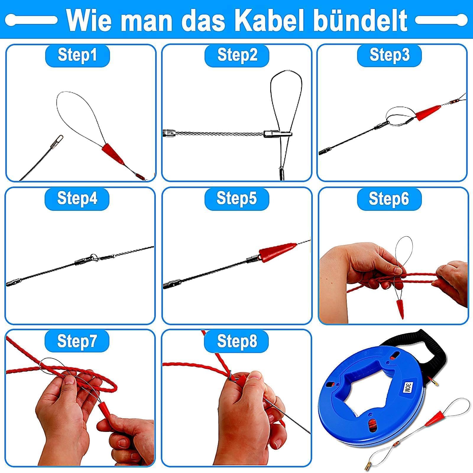 Gekufa Herramienta de extracción de cables | 30 m espiral de poliéster con cabezal de cobre y kit de accesorios de 5 piezas – para instalación eléctrica, tubos vacíos y c