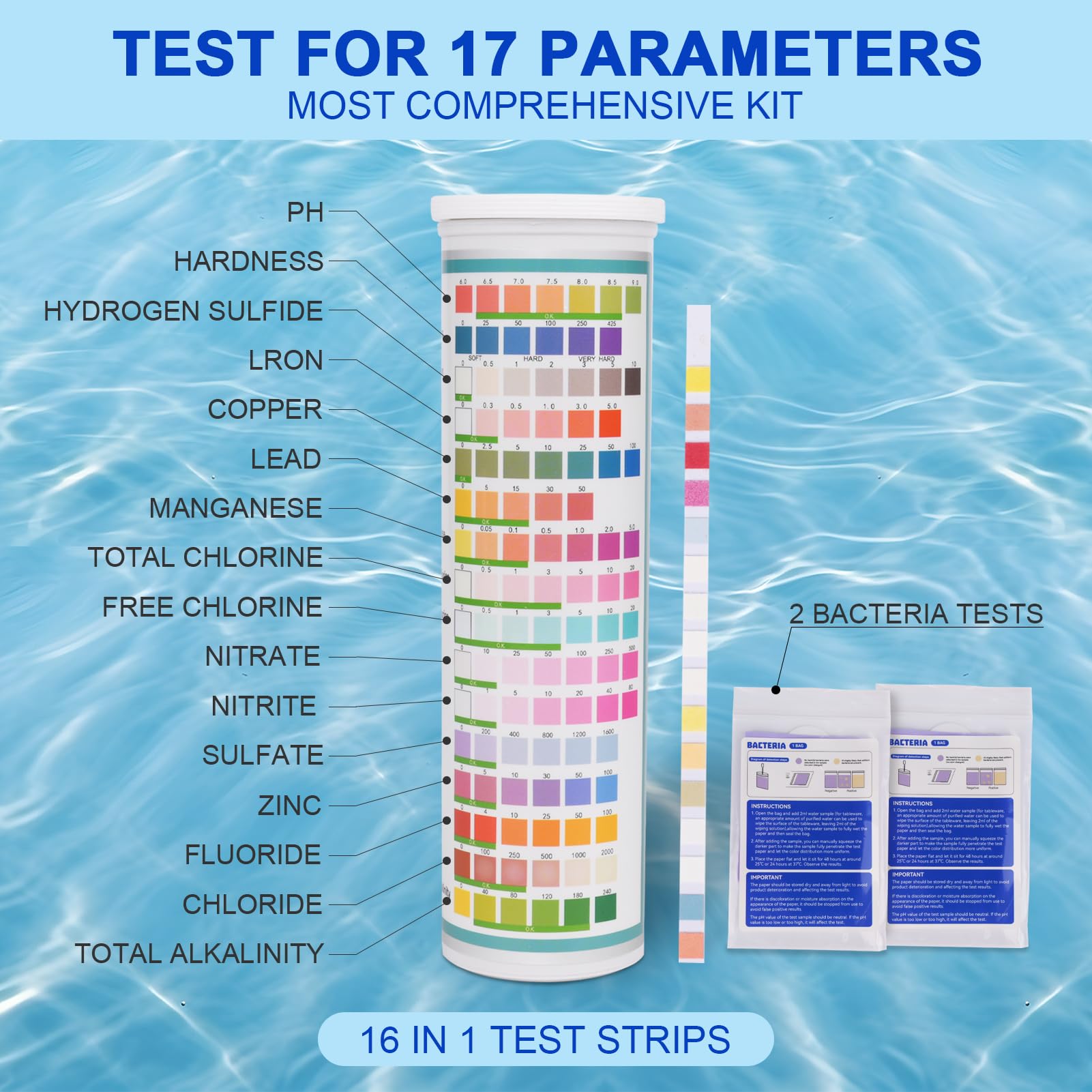 Kompletny zestaw do testowania wody pitnej 17 w 1 (125 pasków + 2 testy na bakterie), kran domowy, taśma do testowania wody miejskiej do ołowiu, alkalicznego, chloru, twardości, żelaza
