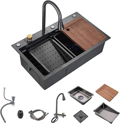 Fregadero de cocina de 30 pulgadas con grifo combinado de cascada de acero inoxidable negro cascada fregadero de cocina encimera de cocina