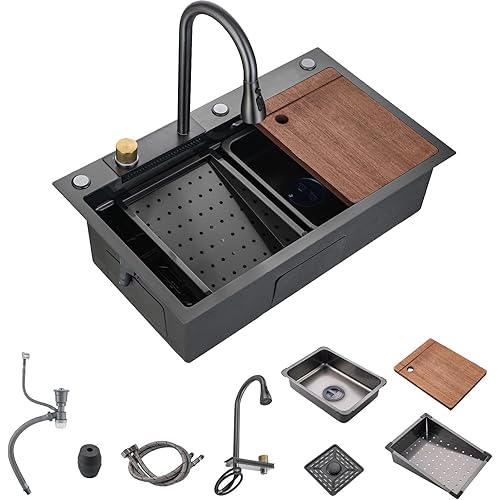 30"Kitchen Sink with Faucet Combo Waterfall Black Stainless Steel Waterfall Sink Kitchen Countertop Multi-Functional Sinks Farmhouse Undermount or Countertop Drop in