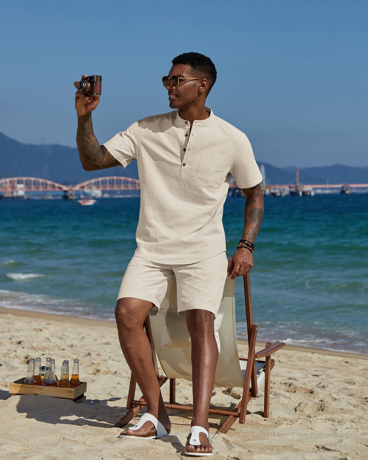 COOFANDY Set da uomo 2 pezzi in cotone e lino, abbigliamento estivo da spiaggia casual a maniche corte Henley camicie e pantaloncini per le vacanze