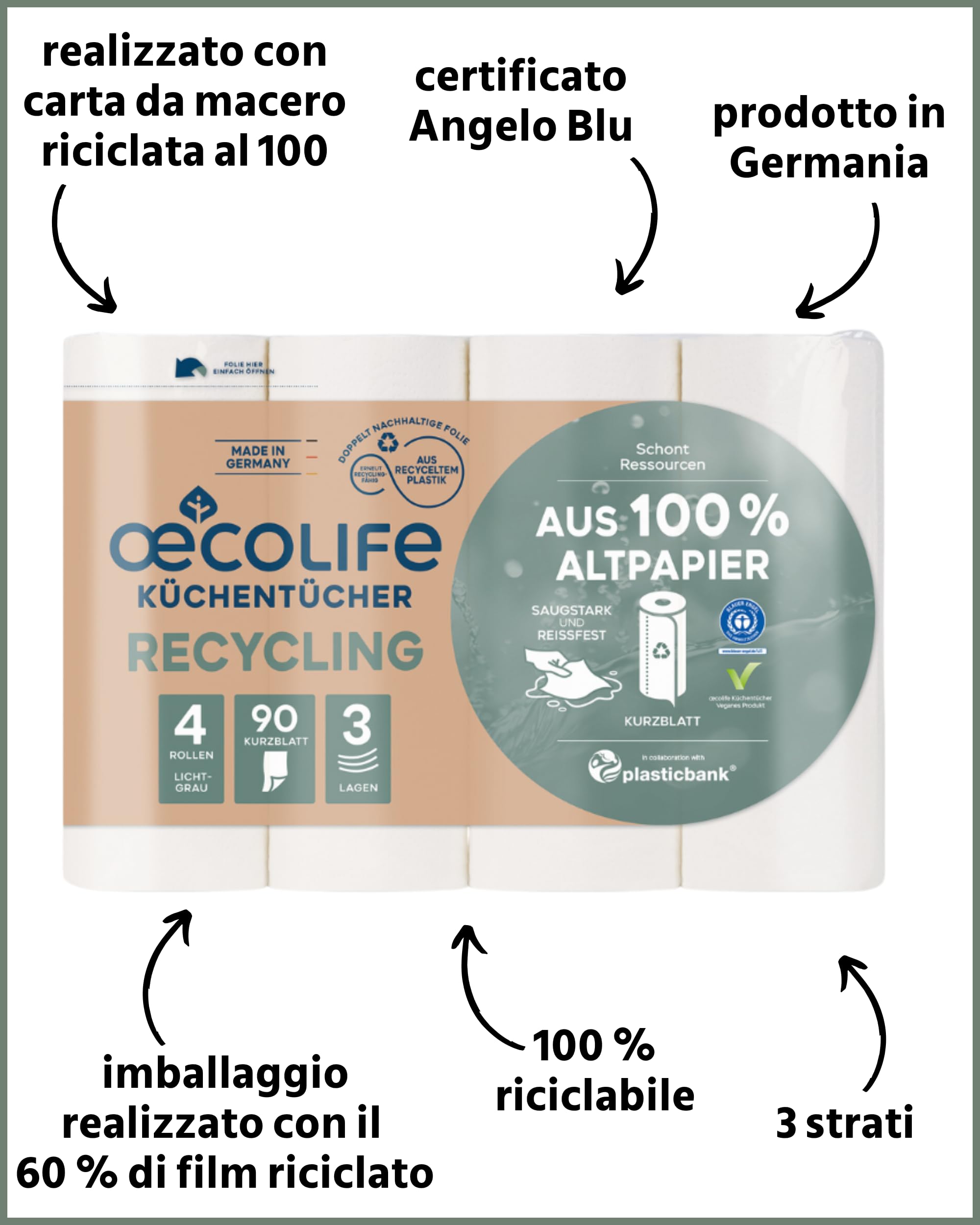 oecolife - Strofinacci da cucina ricicling, 48 rotoli da 90 fogli, fogli corti, rotoli da cucina, sostenibili, rotoli per la casa, asciugamani di carta, carta da cucina