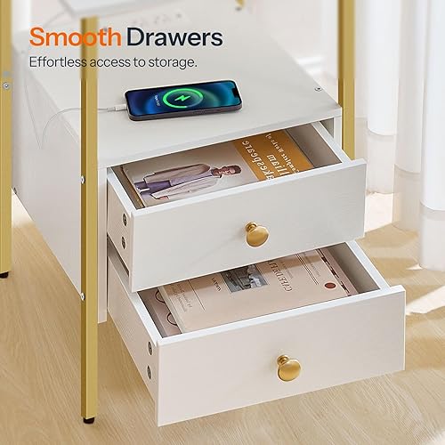 Miniatura 23 de HOOBRO Mesa auxiliar con estación de carga, mesita de noche con 2 cajones, puertos USB y tomas de corriente, mesita de noche para espacios pequeños,