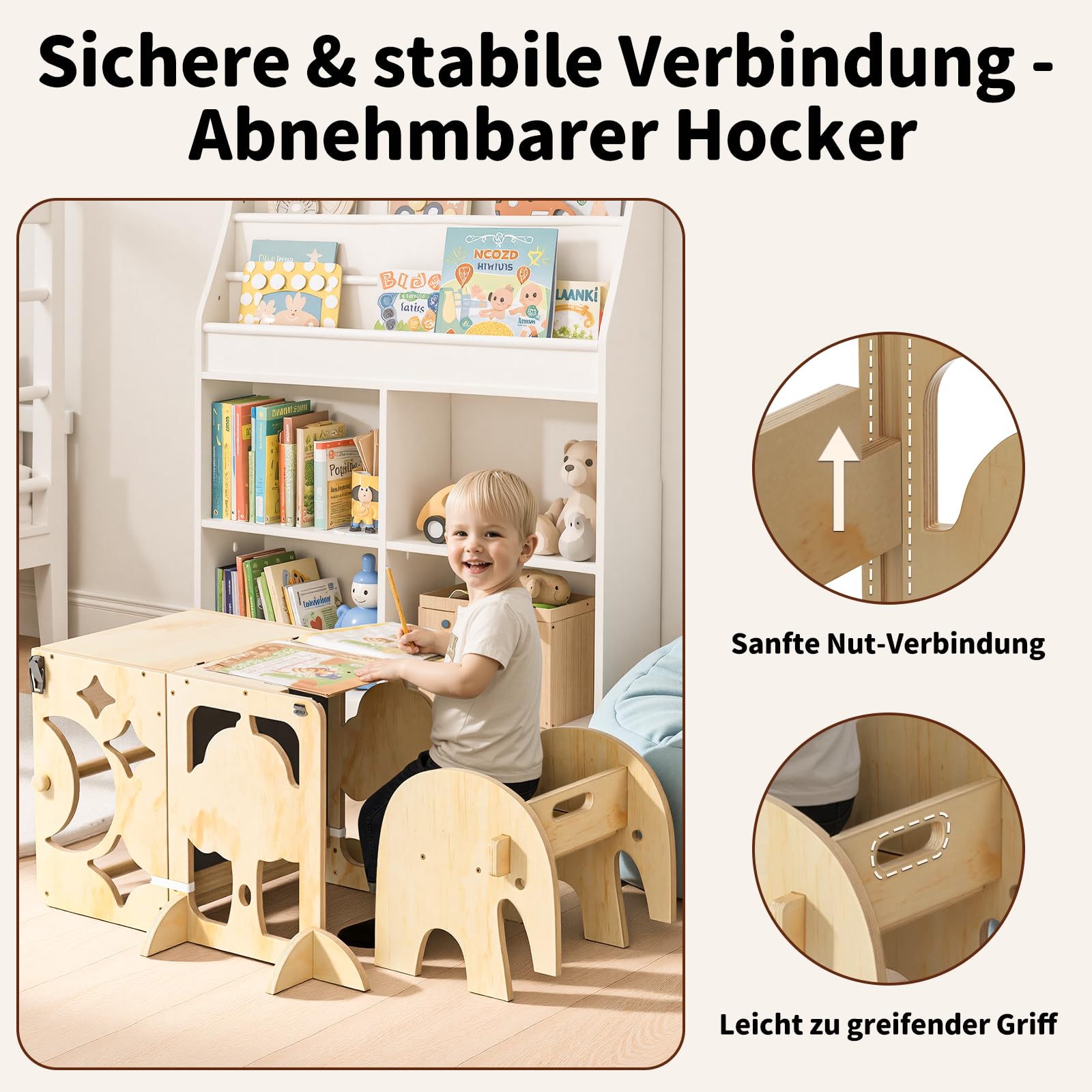 COSYLAND Lernturm ab 1 Jahr, klappbar – 4in1 Lernturm Kinder mit Doppeltafel, Stehhilfe & Schreibtisch mit Stuhl, Elefanten-Hocker als Tritthocker, Natur