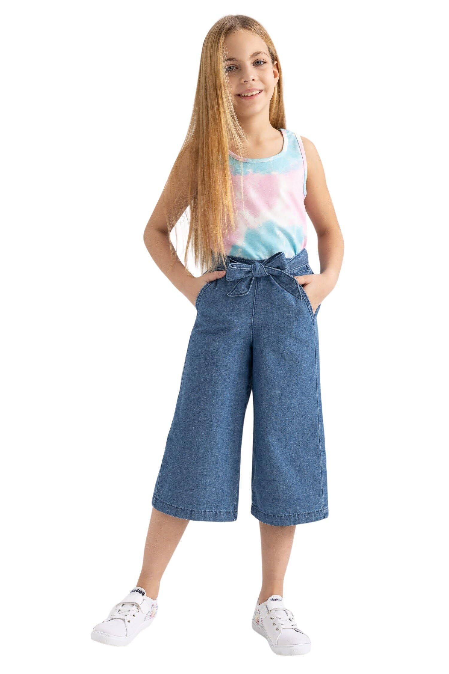 Kız Çocuk Kız Çocuk Culotte Fit Kuşaklı Kapri Boy Jean Pantolon